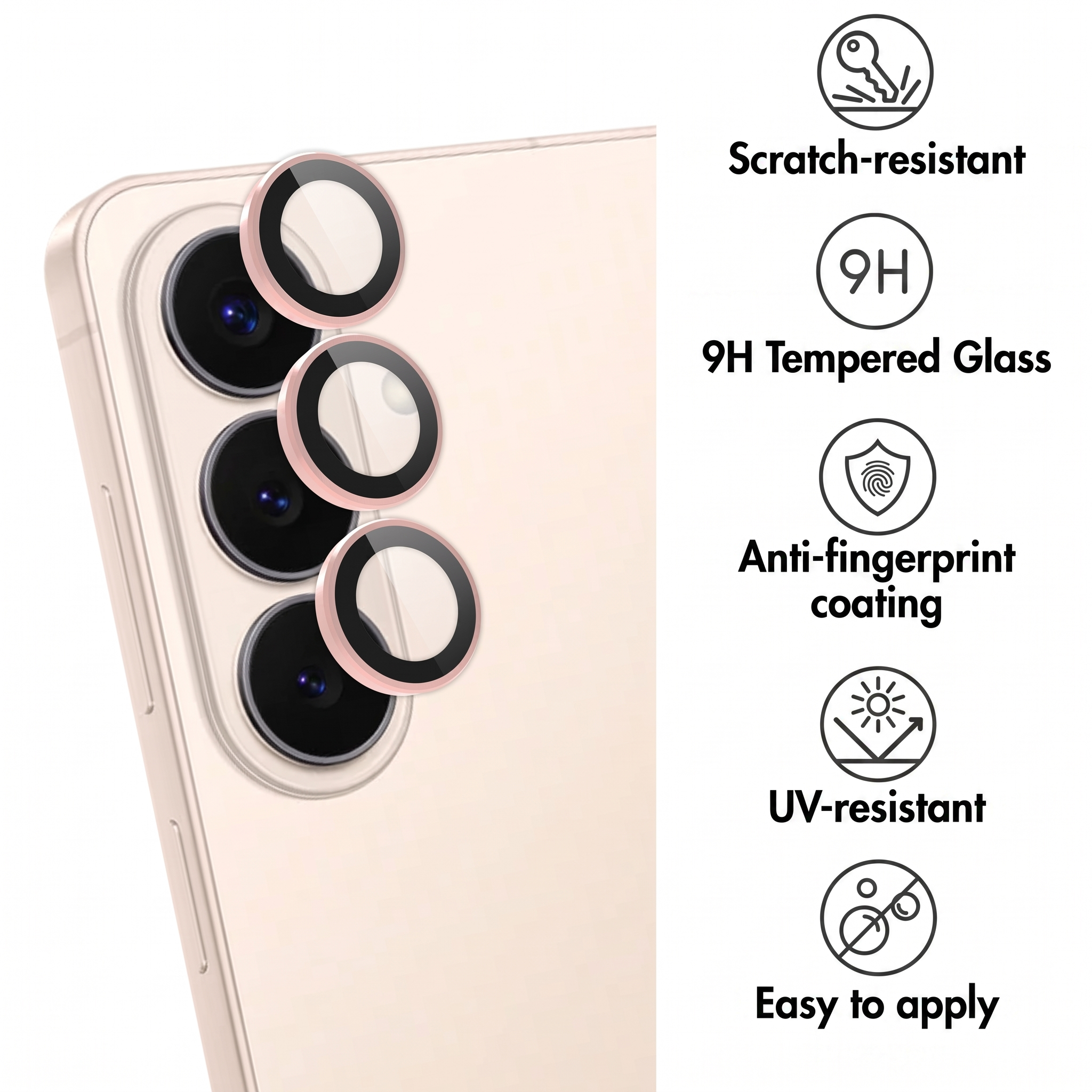 Smartphone con tre protezioni per fotocamera e cinque icone di caratteristiche.
