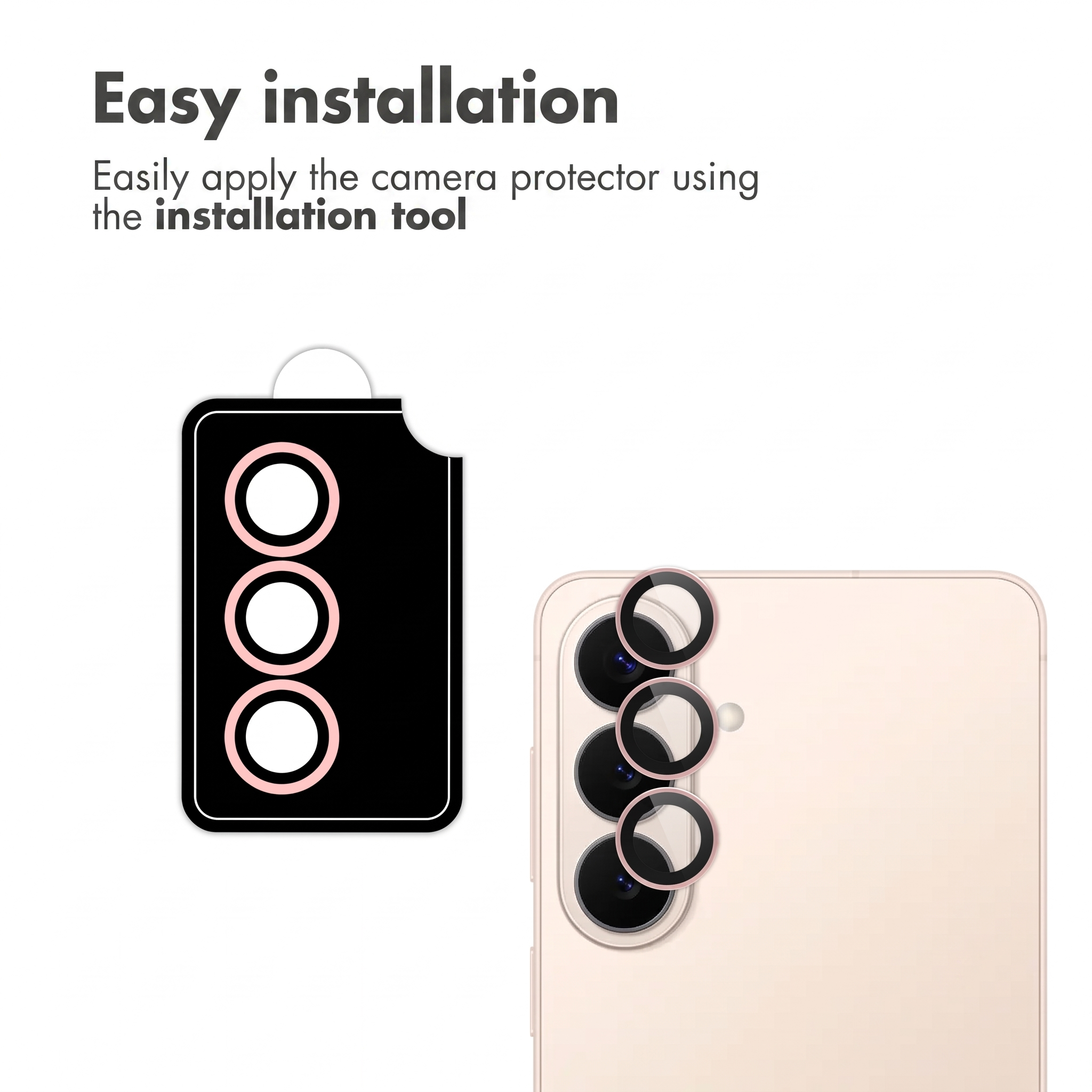 Uno strumento di installazione allinea le protezioni della fotocamera su uno smartphone beige.