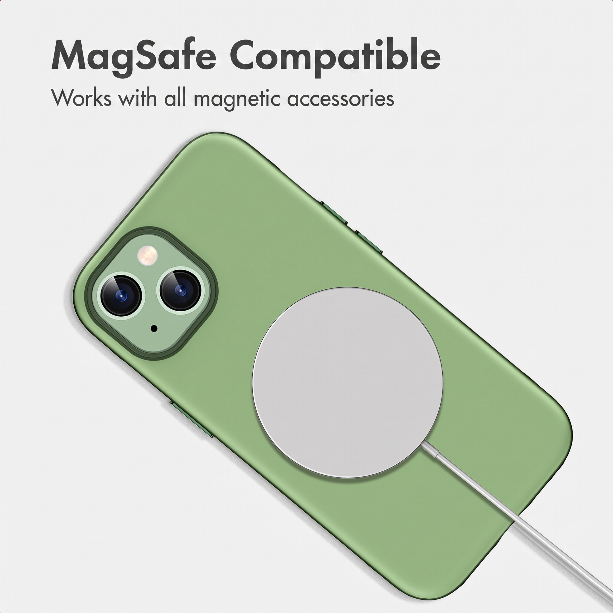 Groene smartphone met MagSafe-oplader op witte achtergrond, tekst erboven.