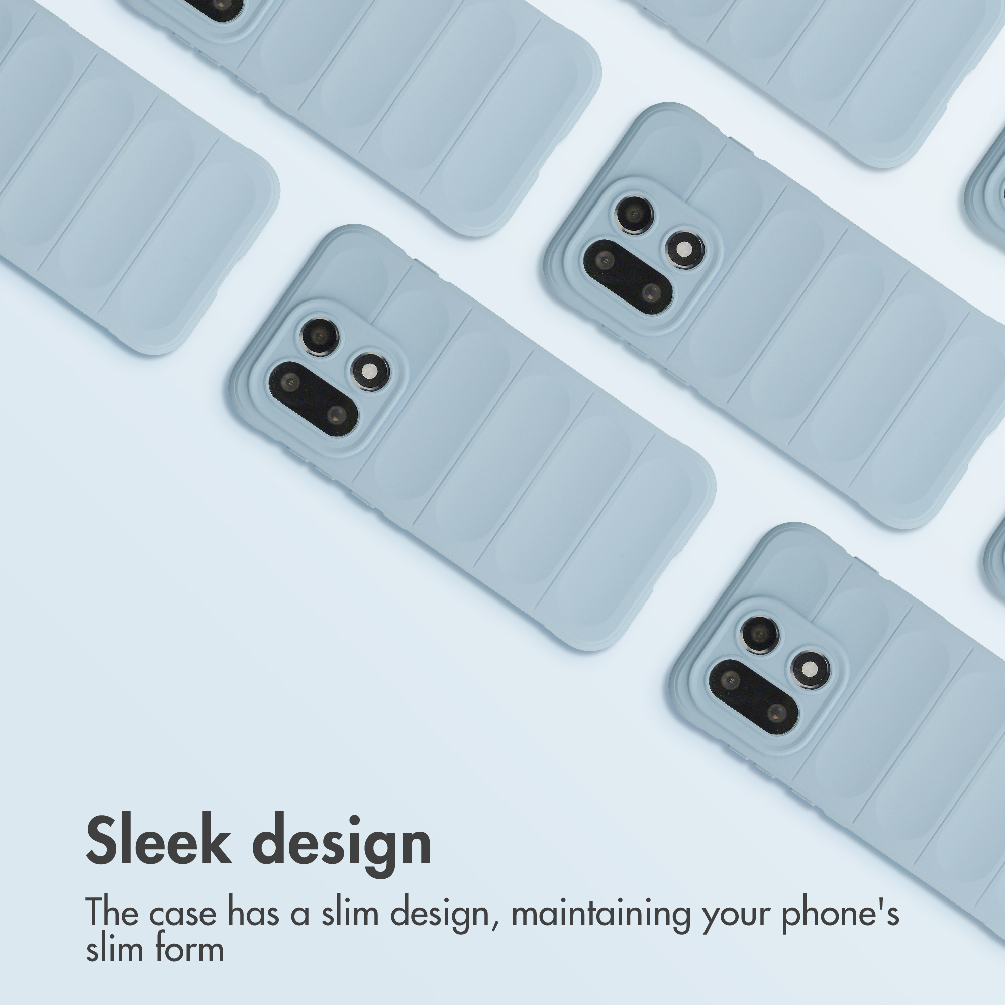 Diverse cover per cellulare imbottite azzurre con ritagli per fotocamera.