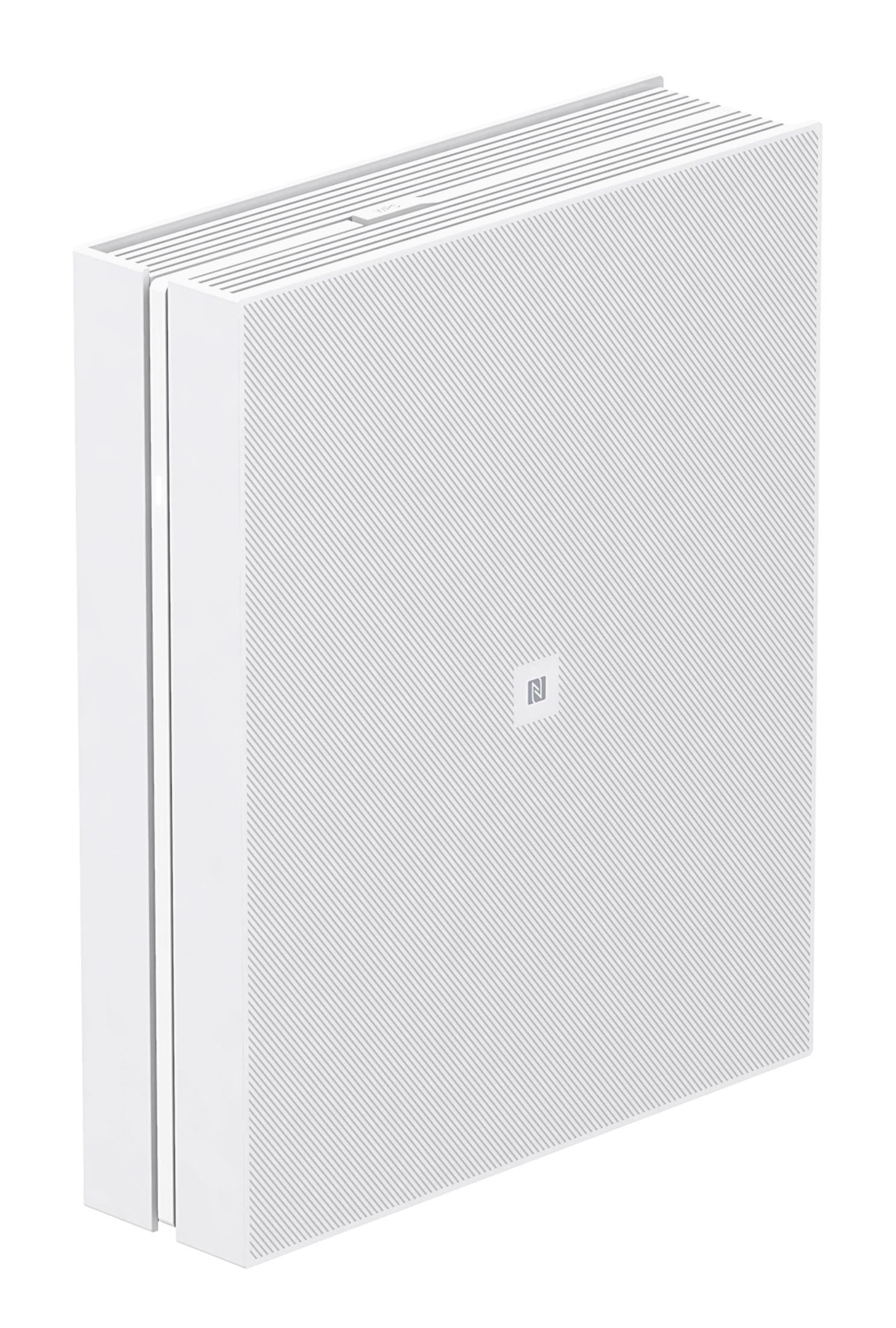 Een wit rechthoekig elektronisch apparaat met diagonaal streepjespatroon en NFC-icoon op de voorkant.