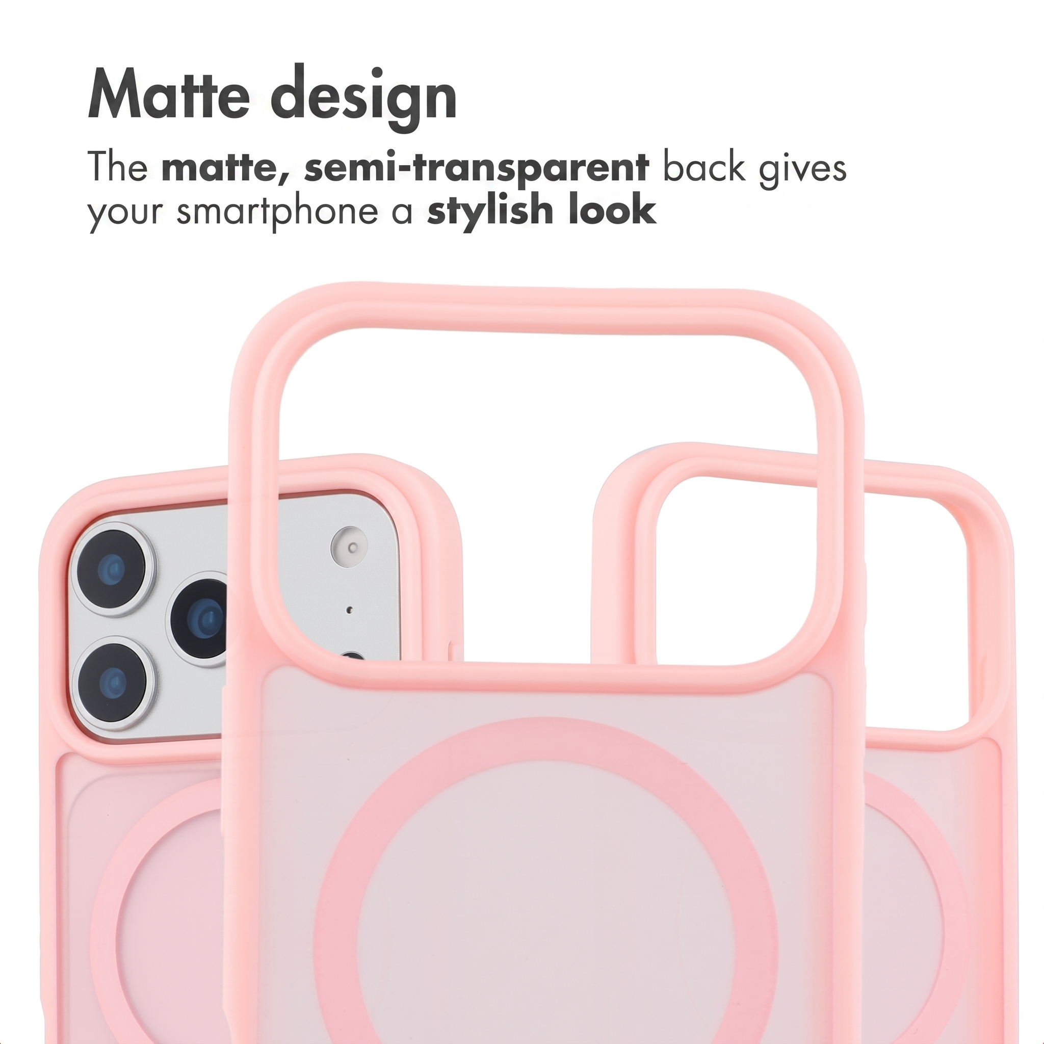 Tre cover per smartphone rosa con design opaco semitrasparente e un simbolo circolare.