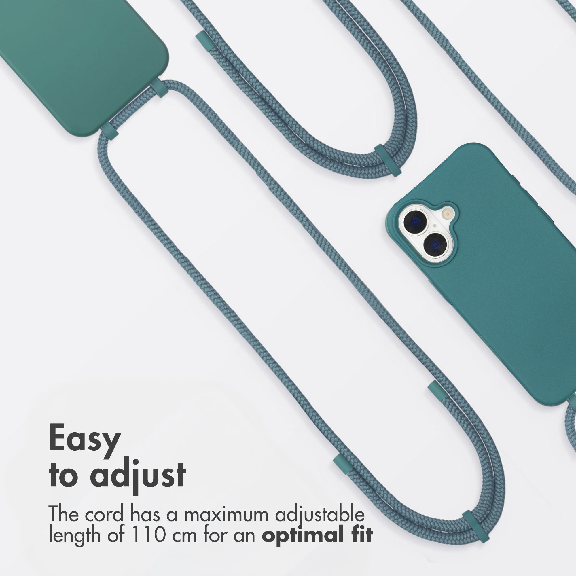 Custodia per telefono verde con cordino blu regolabile su sfondo chiaro con testo.