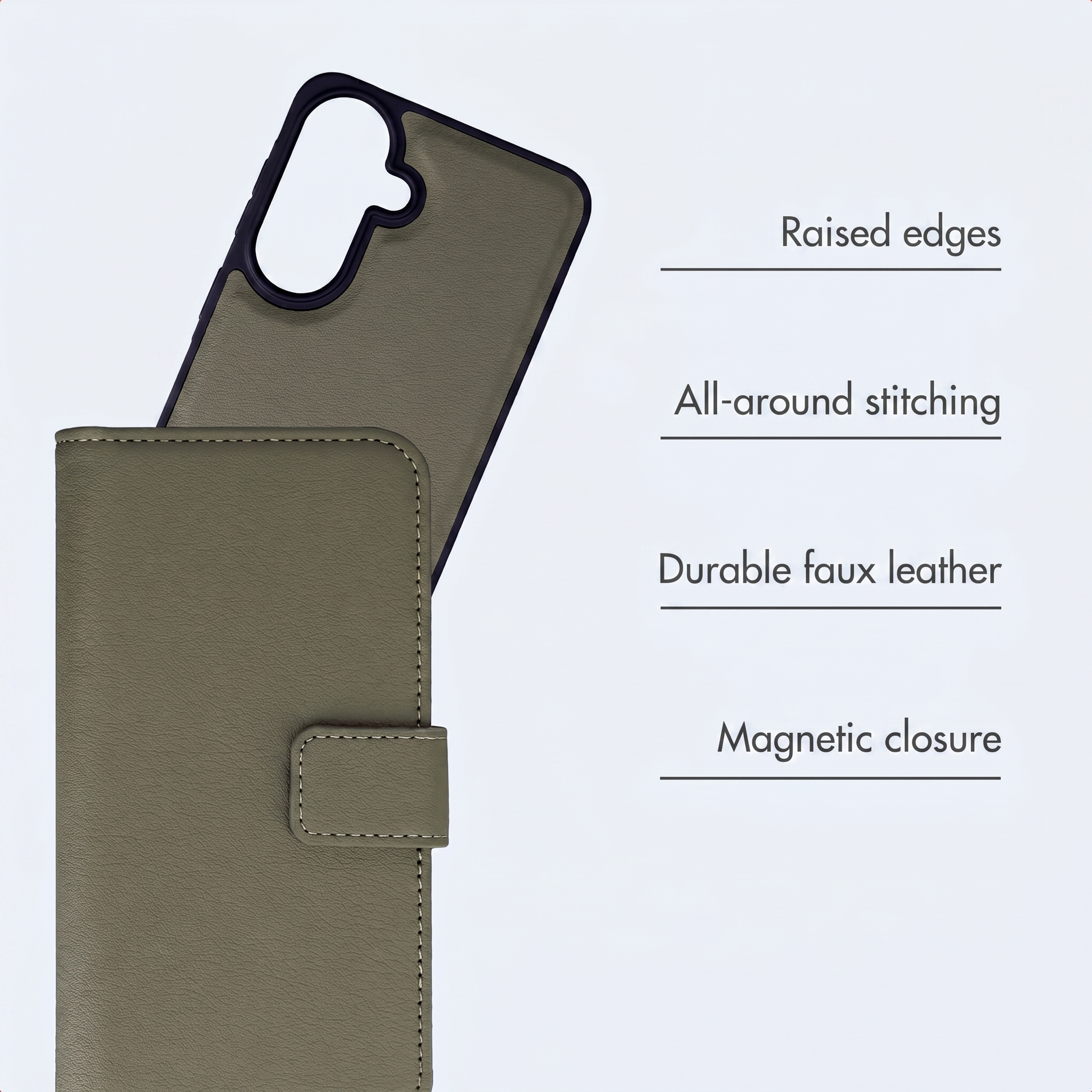 Funda de piel sintética verde con bordes elevados, costuras y cierre magnético.
