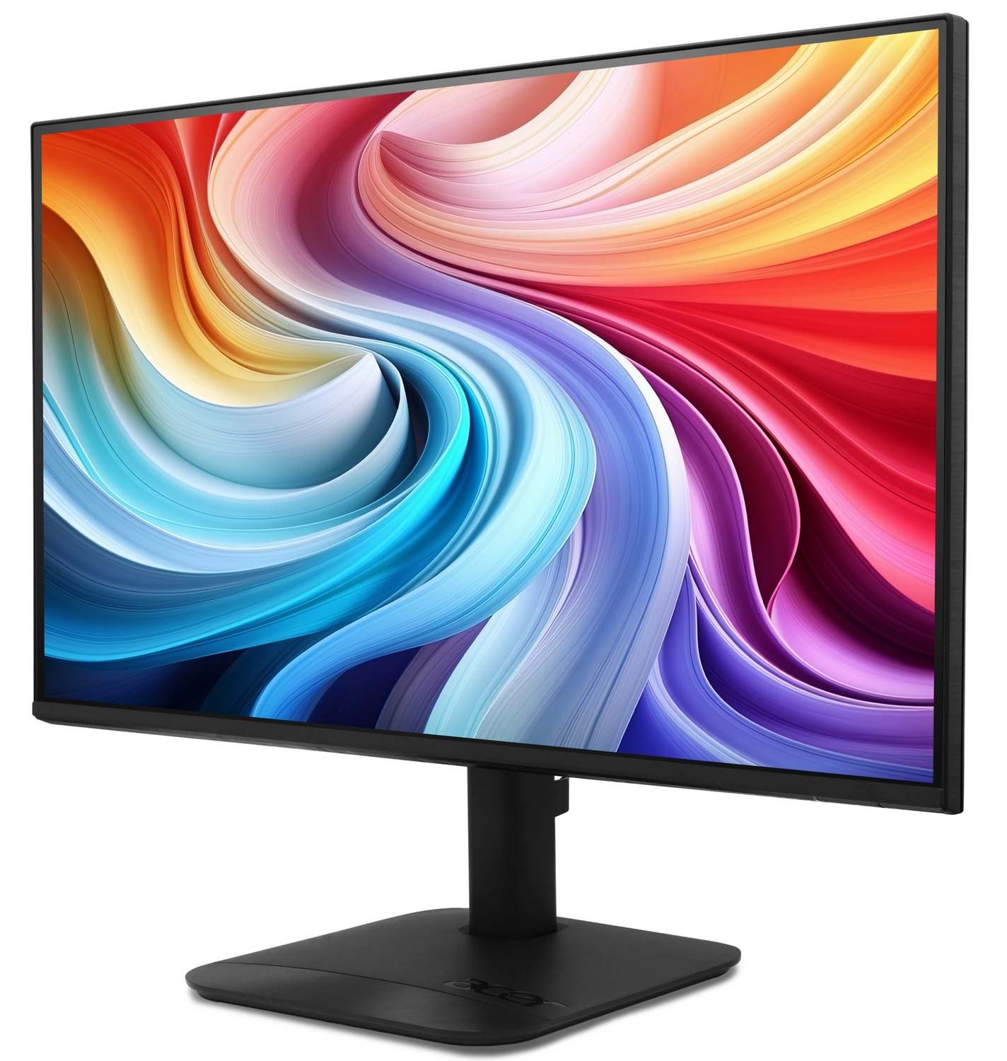 Un monitor nero mostra uno sfondo colorato e ondulato su sfondo bianco.