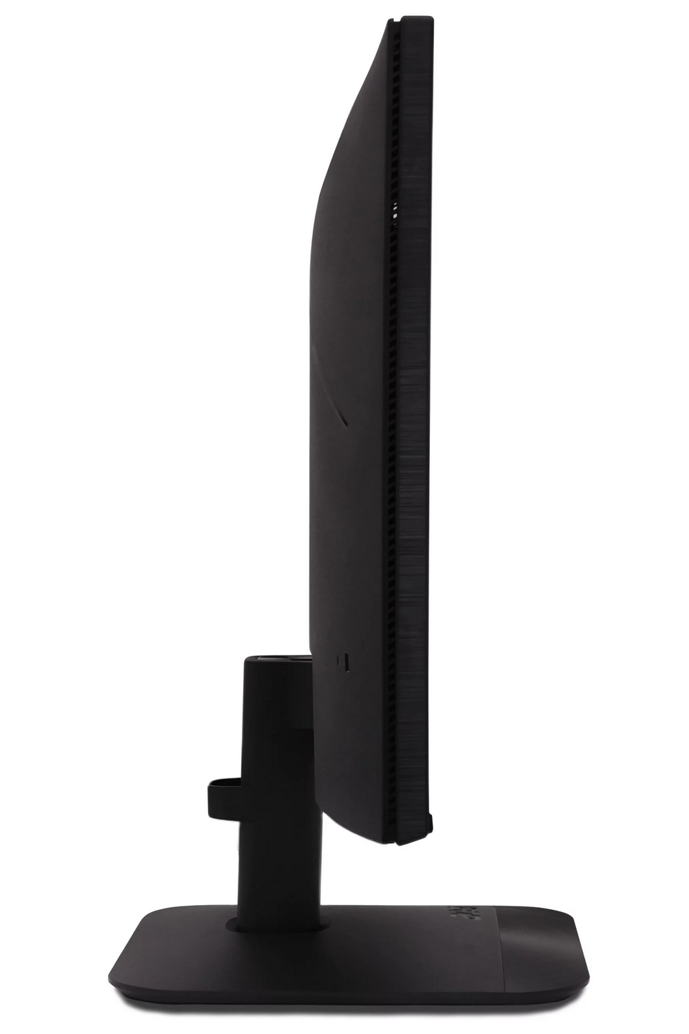 Profilo laterale di un monitor per computer nero su supporto con sfondo bianco.