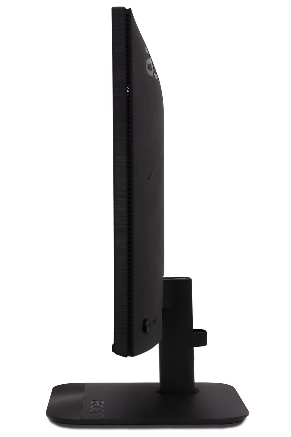 Vista laterale di un monitor Acer nero su supporto con sfondo bianco.