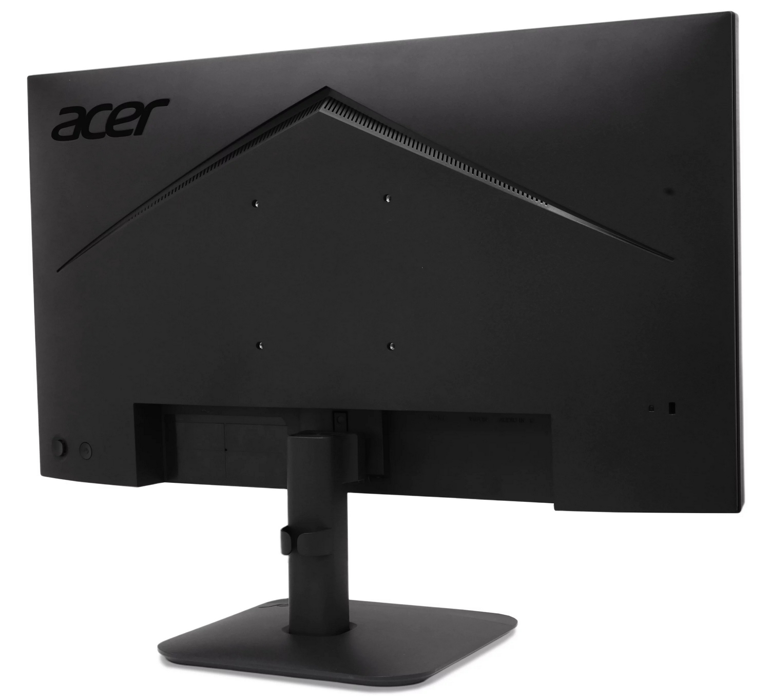 Vista posteriore di un monitor per computer Acer nero con supporto e fori per montaggio VESA.