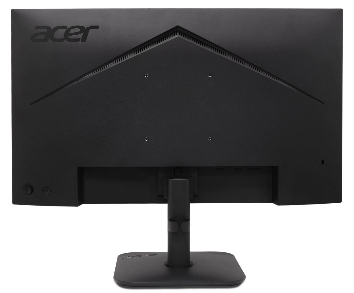 Vista posteriore di un monitor per computer Acer nero con supporto su sfondo bianco.