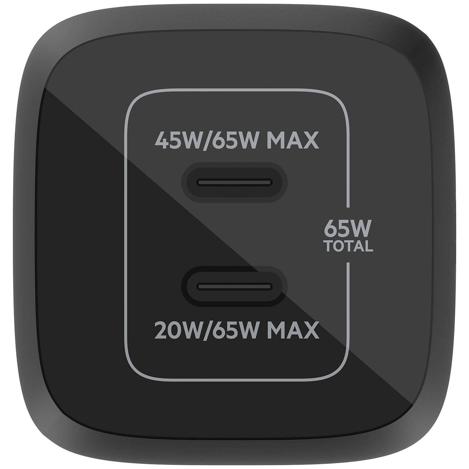 Cargador USB-C negro con dos puertos y especificaciones de potencia.