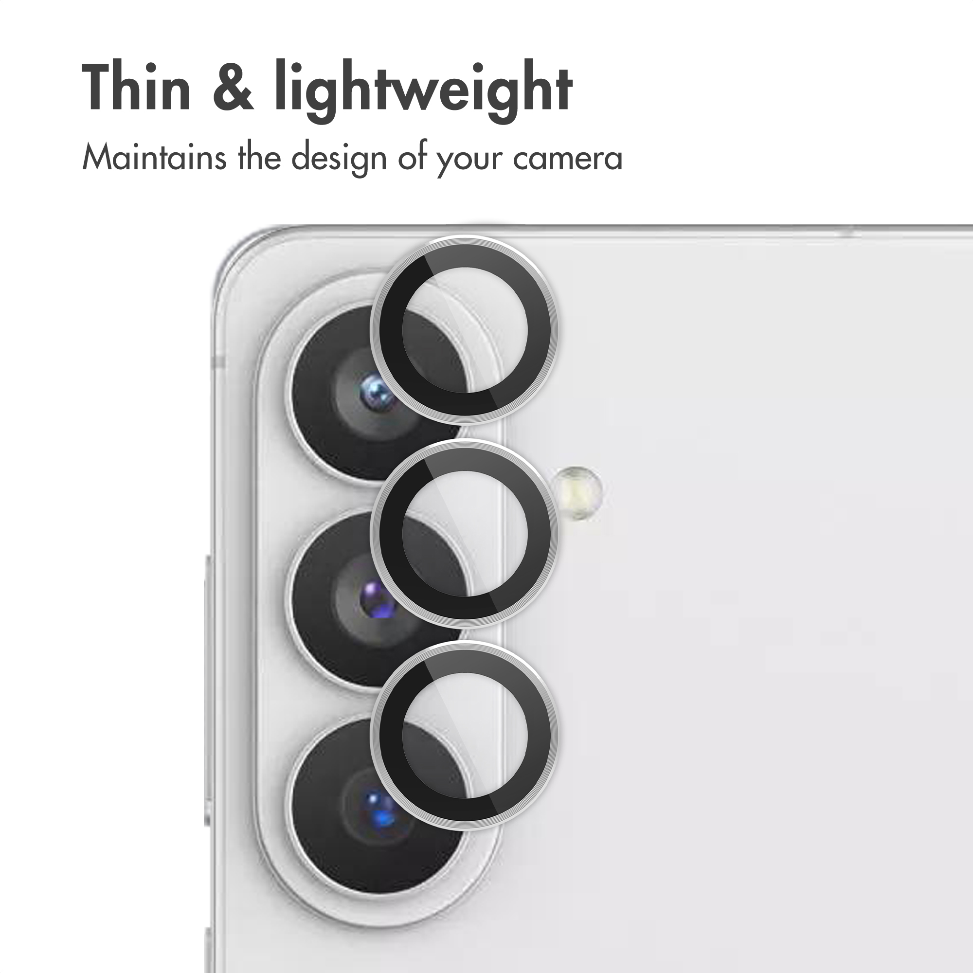 Tre protezioni per obiettivi rotonde sulla fotocamera posteriore di uno smartphone bianco.