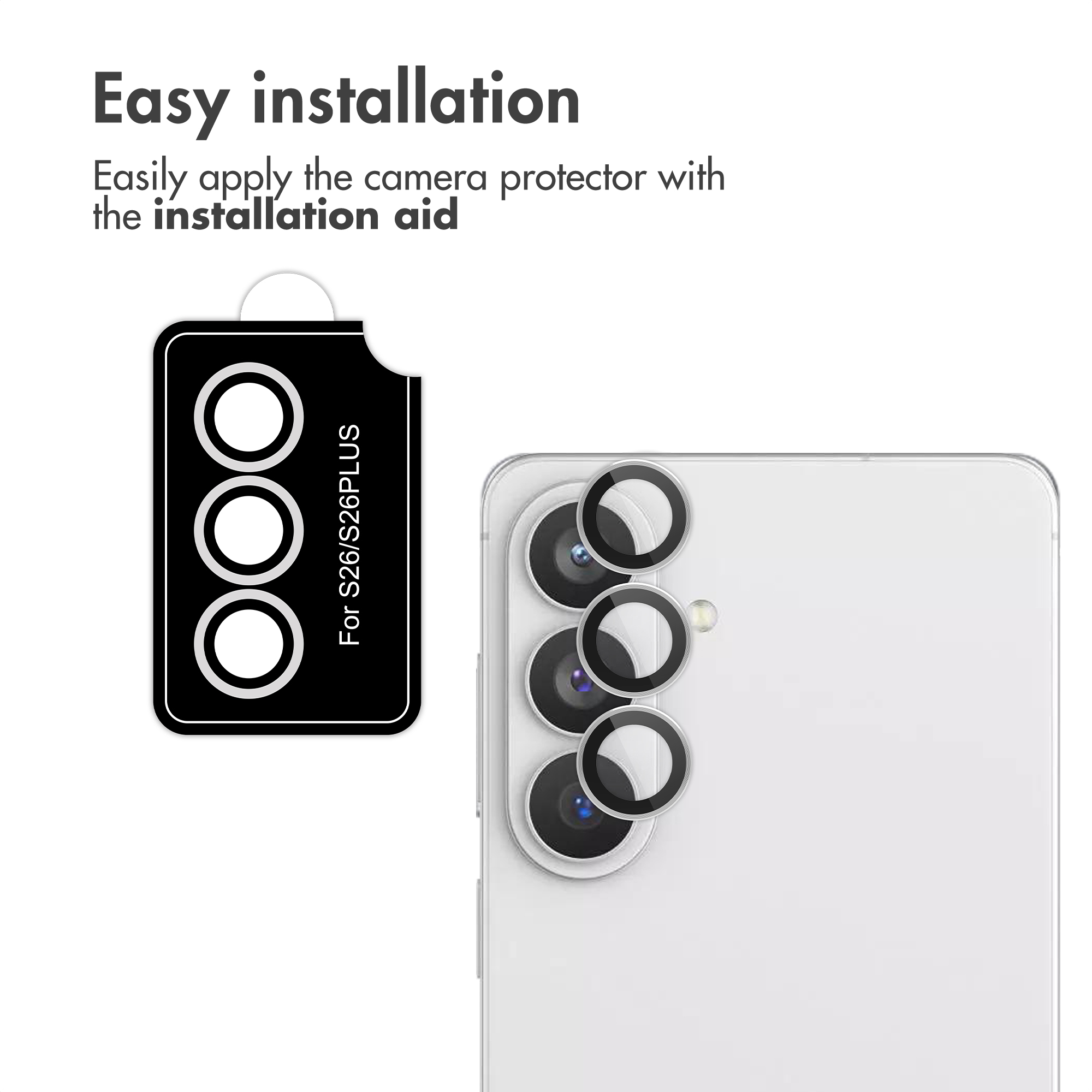 Un ausilio di installazione per una protezione della fotocamera dello smartphone con tre ritagli circolari accanto a un telefono bianco.