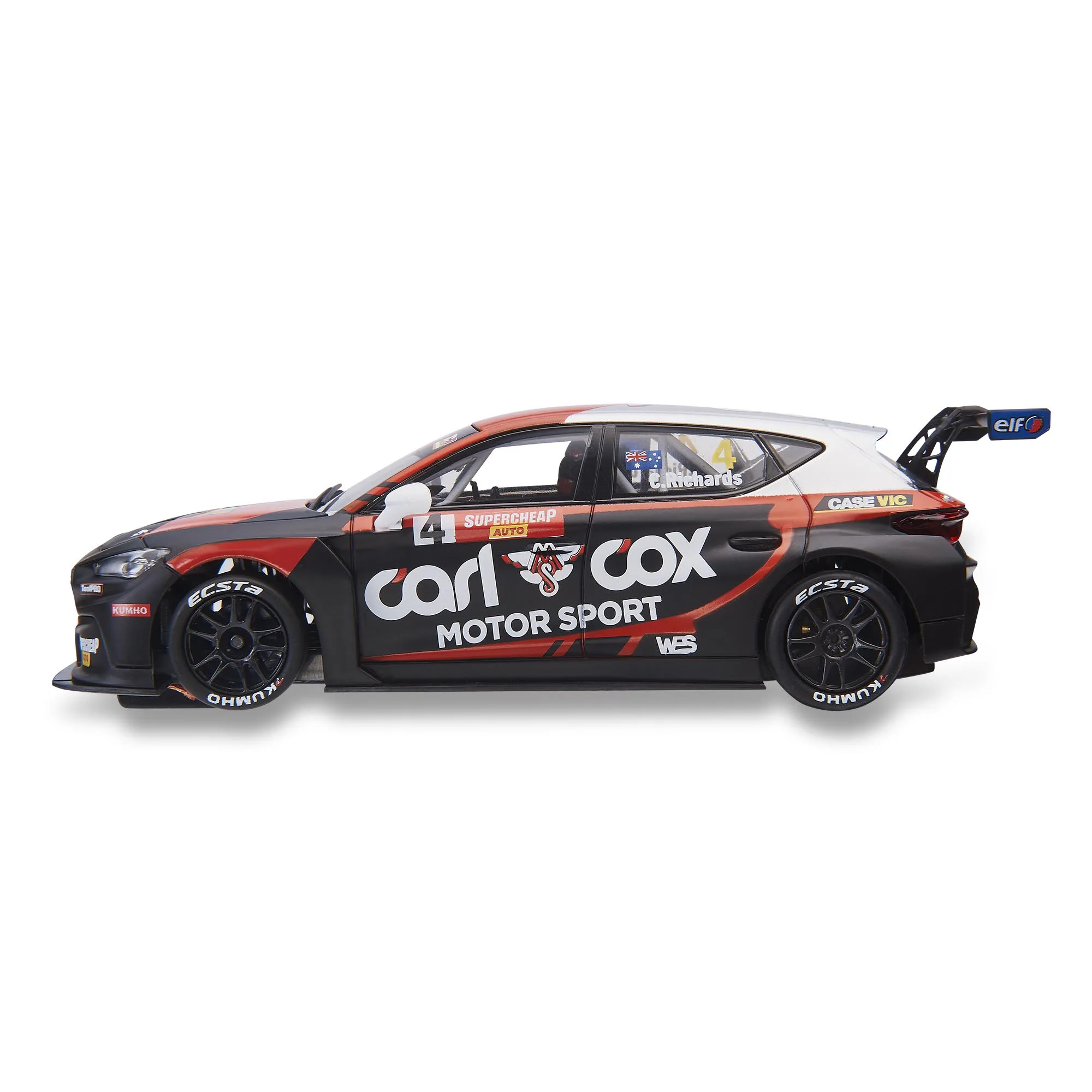 Coche a escala de Carl Cox Motor Sport en negro, rojo y blanco, con patrocinadores y gran alerón trasero.