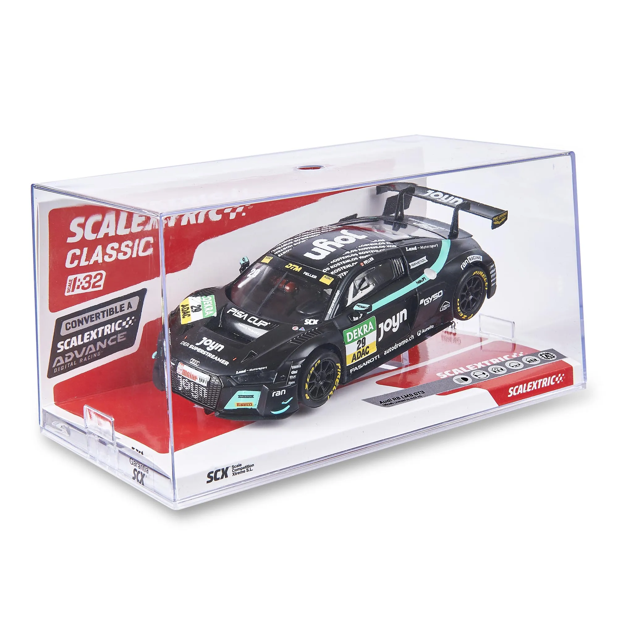 Un coche de slot Scalextric 1:32 Audi R8 LMS GT3 negro en una vitrina de plástico transparente con marca roja.