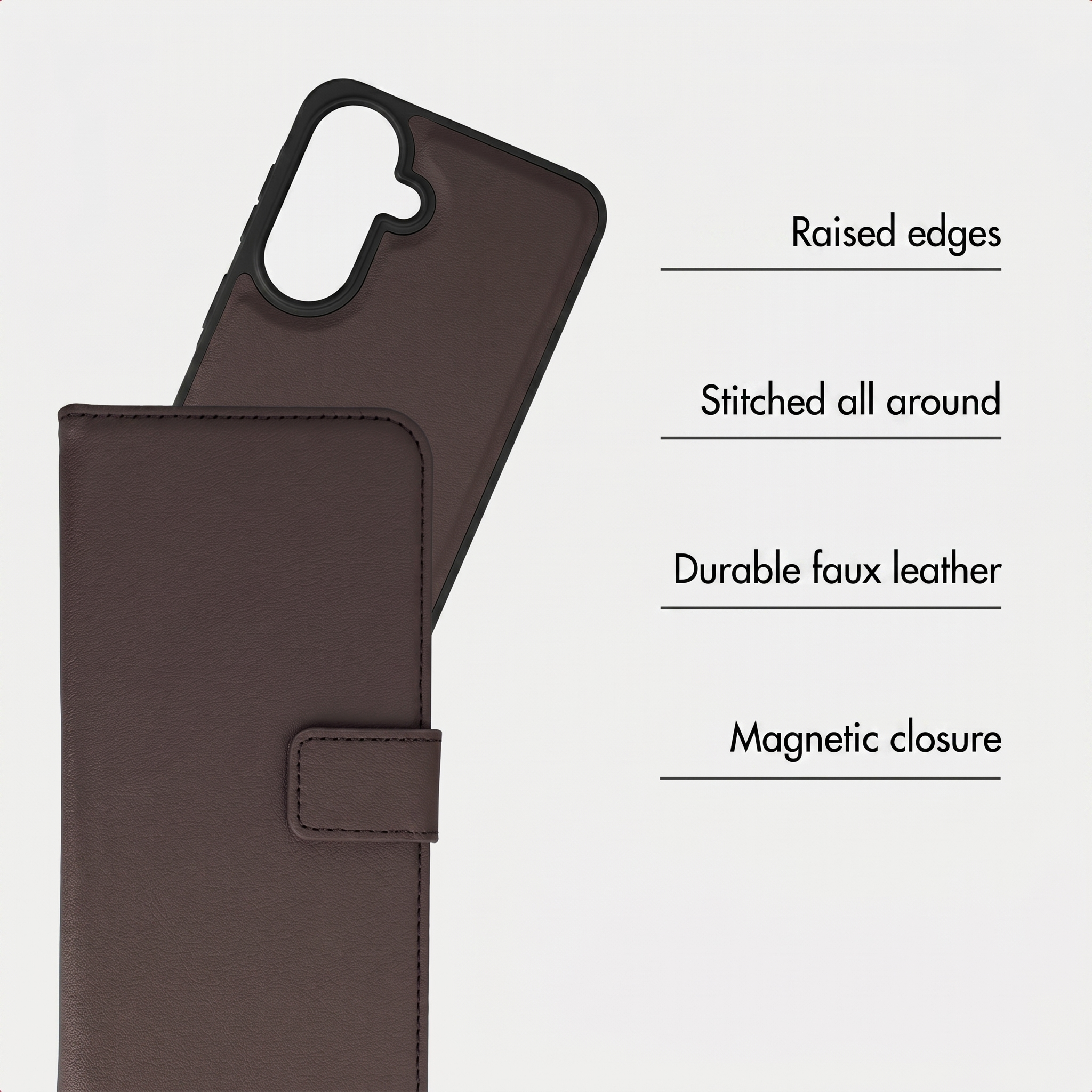 Funda de piel sintética marrón con bordes elevados, costuras, cuero duradero y cierre magnético.