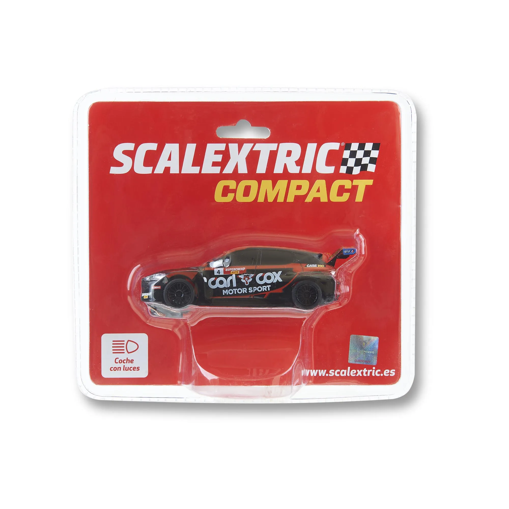 Un coche de juguete Scalextric Compact de Carl Cox Motorsport en un blister rojo y blanco.