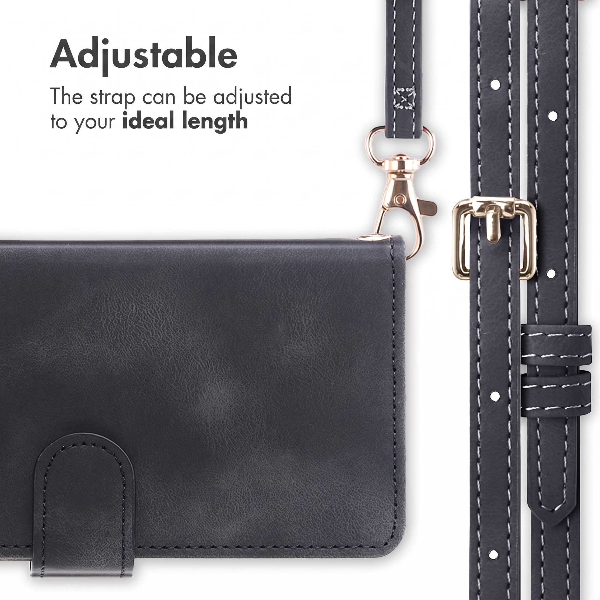 Schwarze Ledertasche mit verstellbarem Riemen und goldener Schnalle vor weißem Hintergrund.
