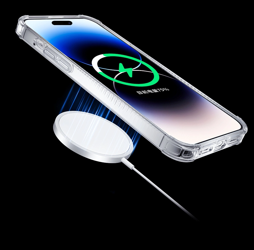 Uno smartphone in una custodia protettiva si ricarica in modalità wireless da una base di ricarica bianca.