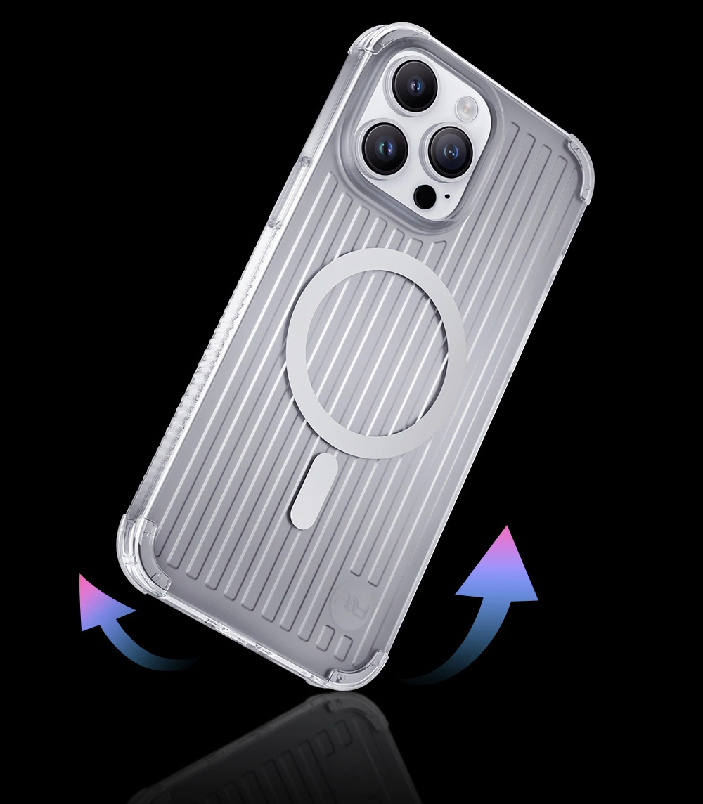 Una cover trasparente per iPhone con anello MagSafe e scanalature verticali su sfondo nero, con due frecce sfumate.