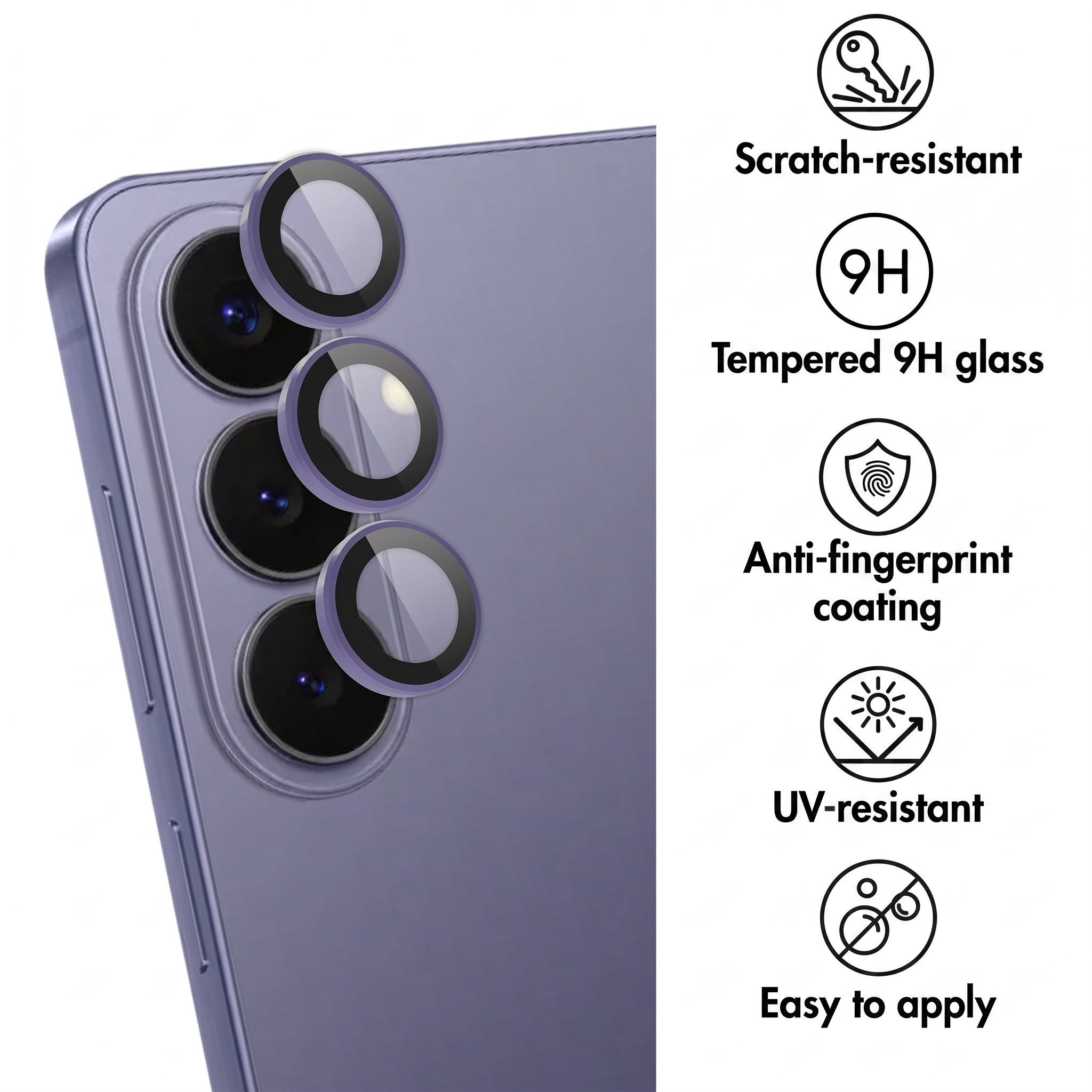 Smartphone viola con tre fotocamere e icone per antigraffio, vetro 9H, anti-impronta, UV e facile applicazione.