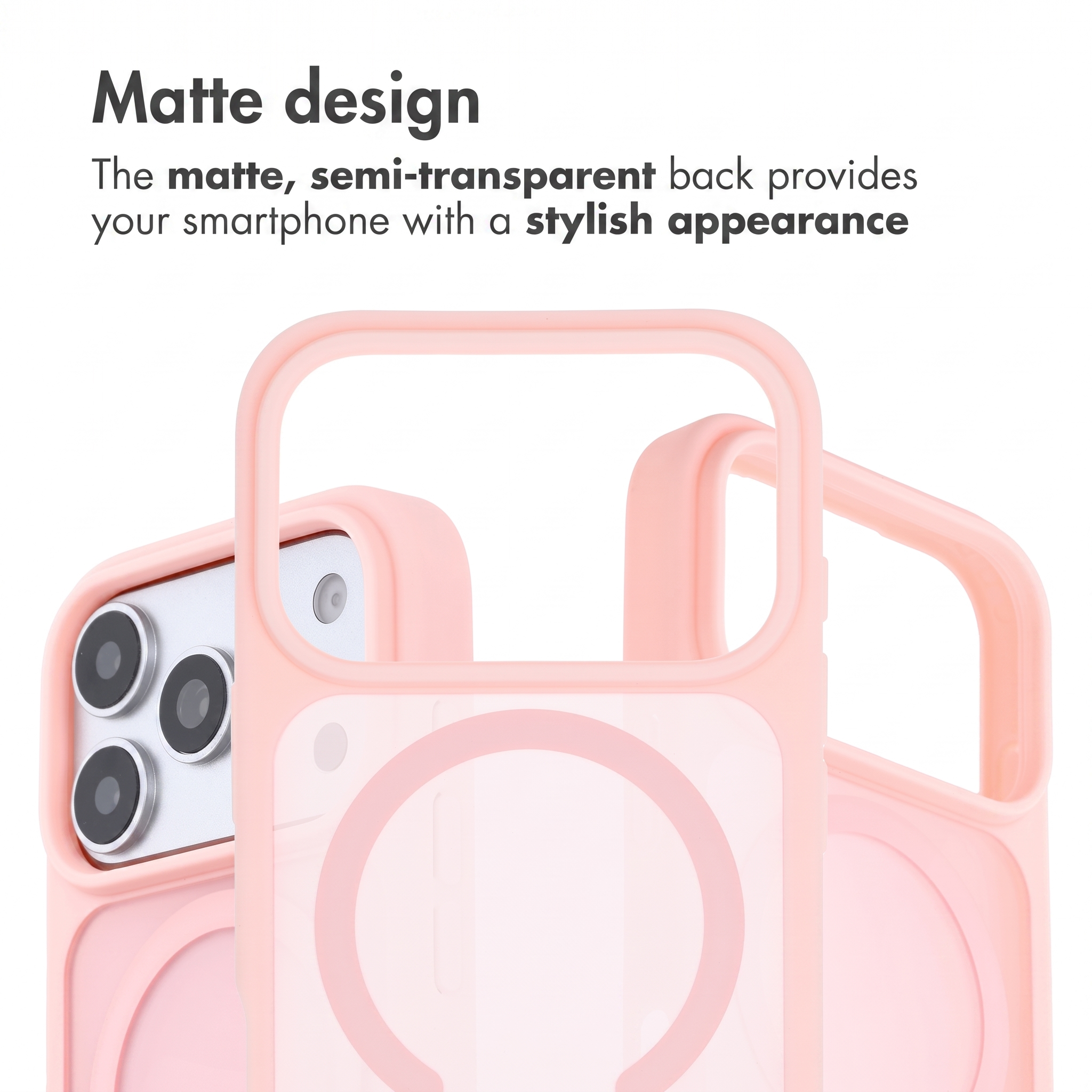Custodia per smartphone rosa con retro opaco semitrasparente e testo in alto.