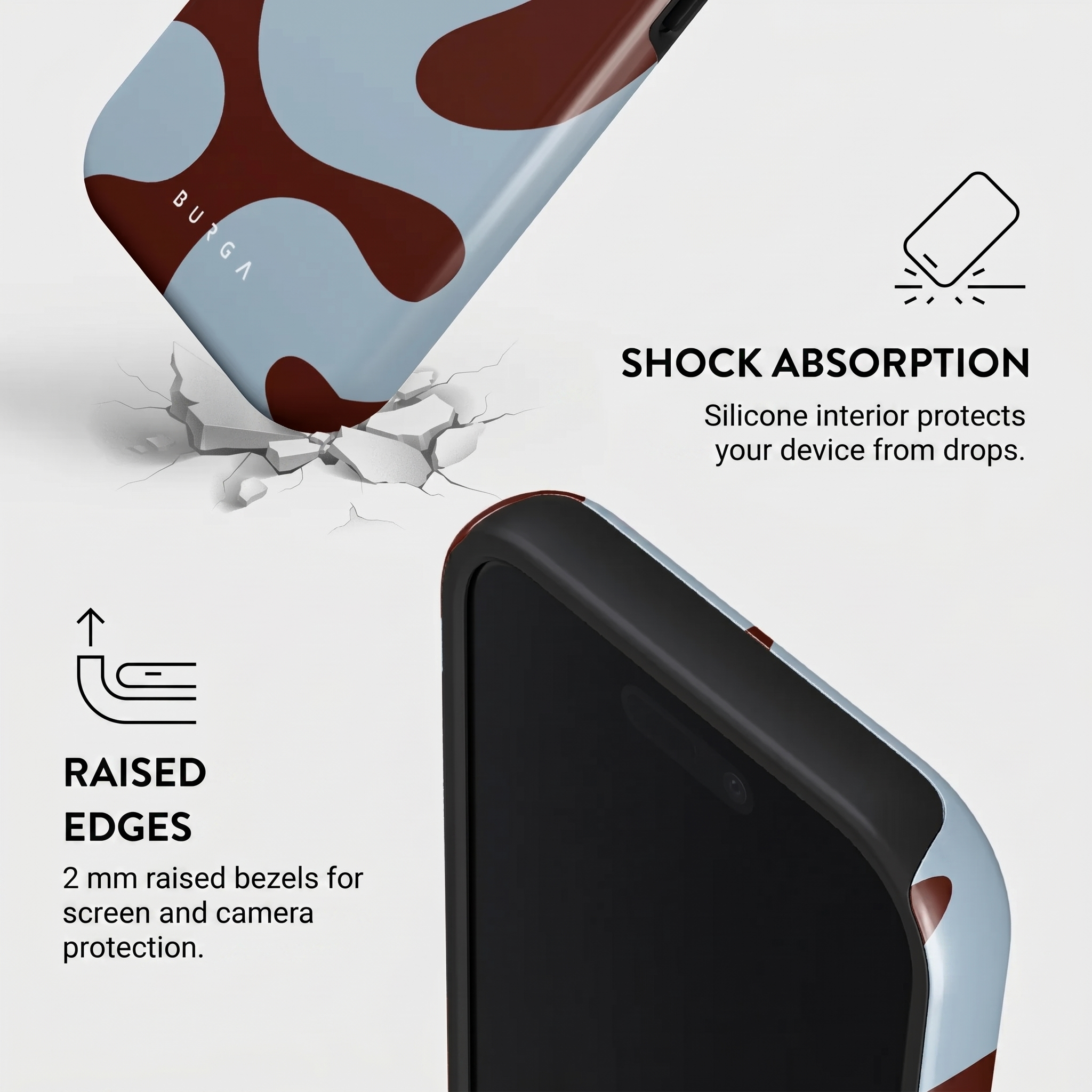 Funda de móvil con diseño marrón y azul, absorción de impactos y bordes elevados.
