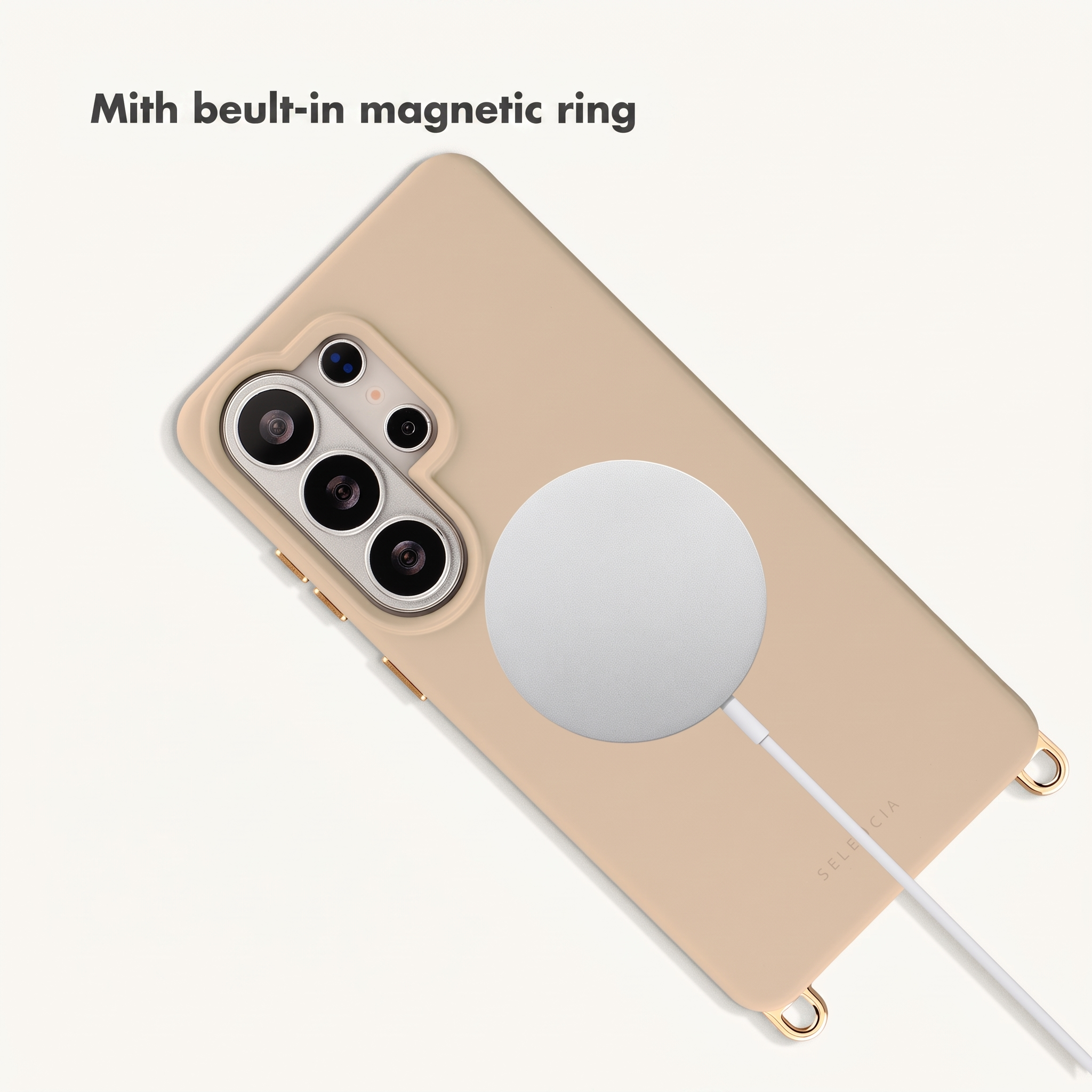 Coque de smartphone beige avec anneau magnétique et câble de charge connecté sur fond blanc.