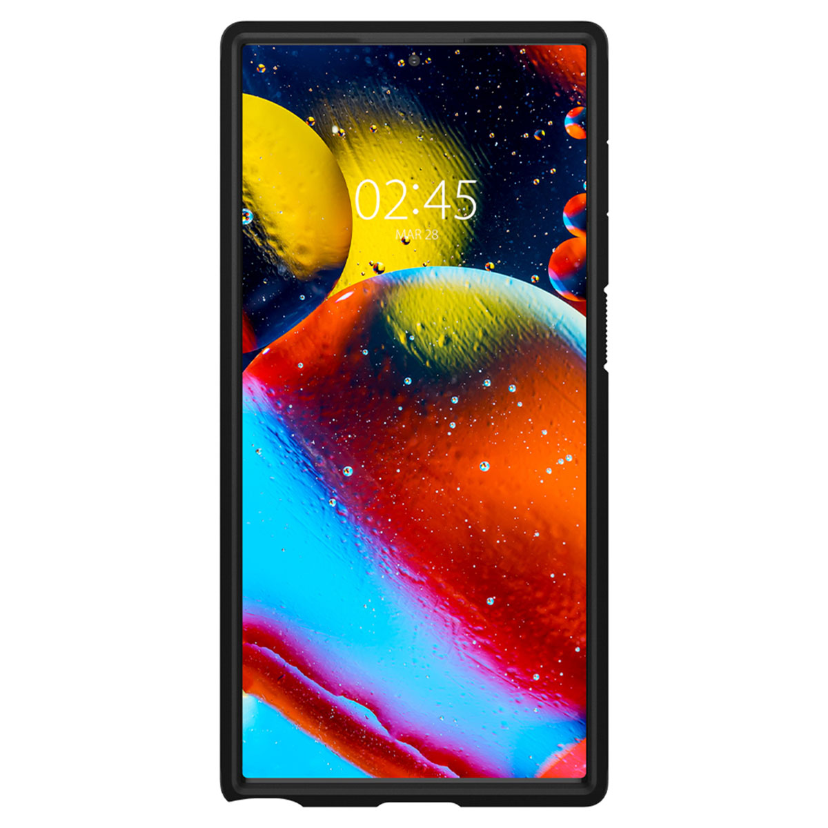 Smartfon w czarnym etui ochronnym z kolorową, abstrakcyjną tapetą i cyfrową godziną 02:45.