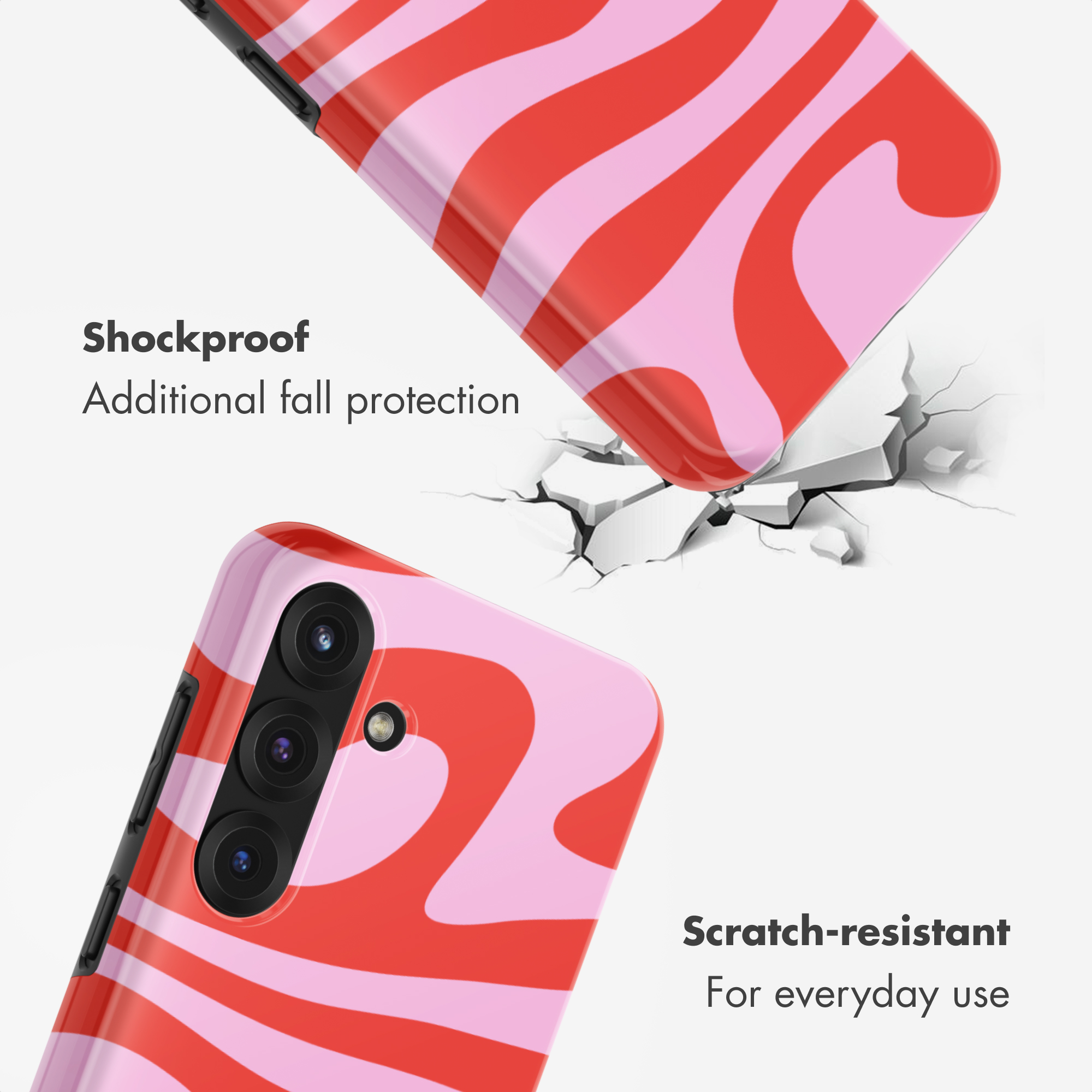 Funda de teléfono con ondas rojas y rosas, anunciada como resistente a golpes y arañazos.