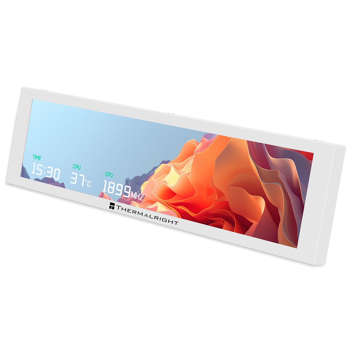 Renkli bir arka plan üzerinde saat, CPU sıcaklığı ve MHz gösteren beyaz bir Thermalright monitör.