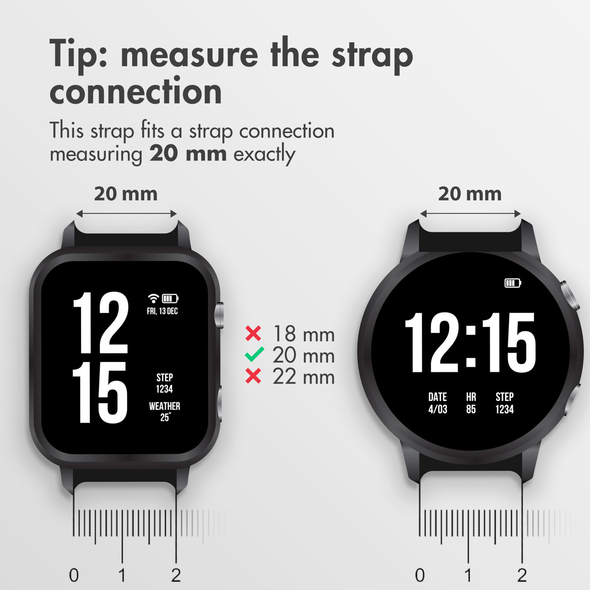 Przewodnik po pomiarze szerokości paska 20 mm dla smartwatchy kwadratowych i okrągłych.