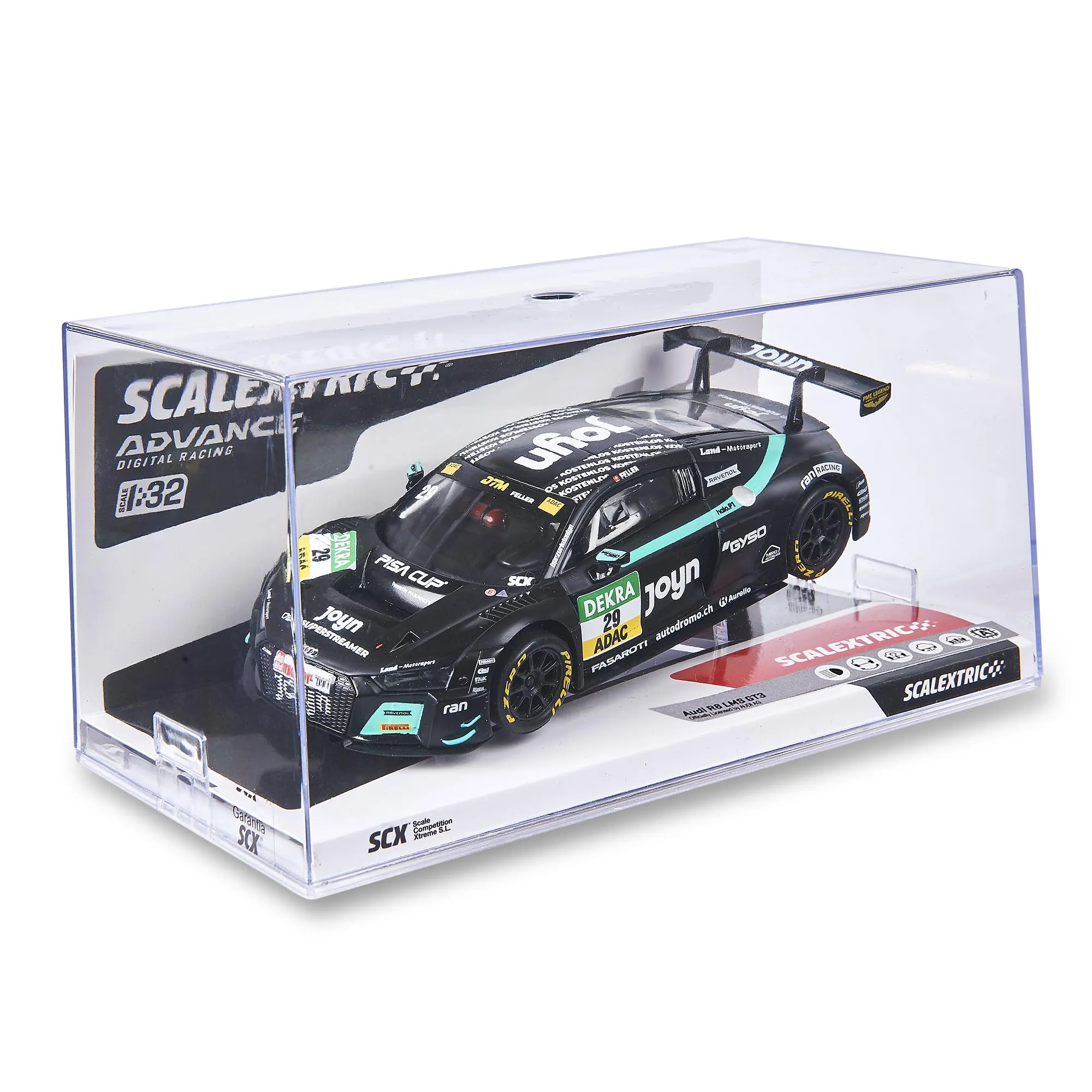 Un coche de juguete negro Scalextric Audi R8 LMS GT3 en una vitrina acrílica transparente con pegatinas.
