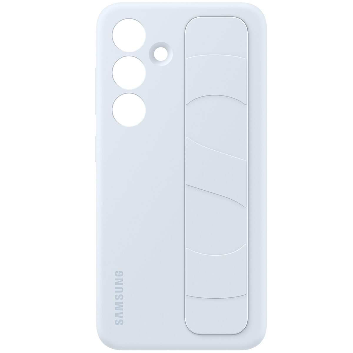 Jasnoniebieskie etui na telefon Samsung z trzema wycięciami na aparat i pionowym paski po prawej stronie.