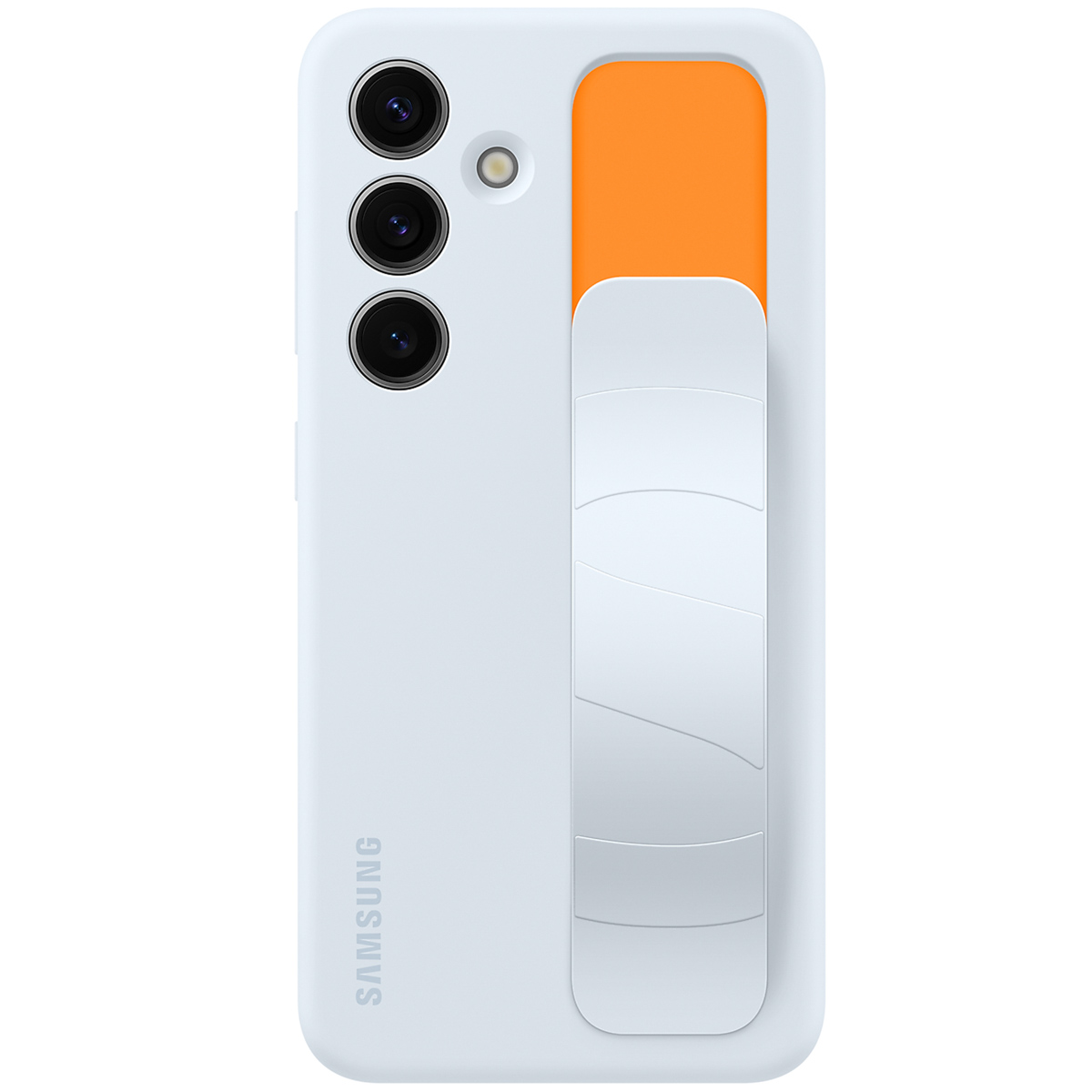 Biały smartfon z trzema aparatami, pomarańczowym panelem i białym paskiem z tyłu.