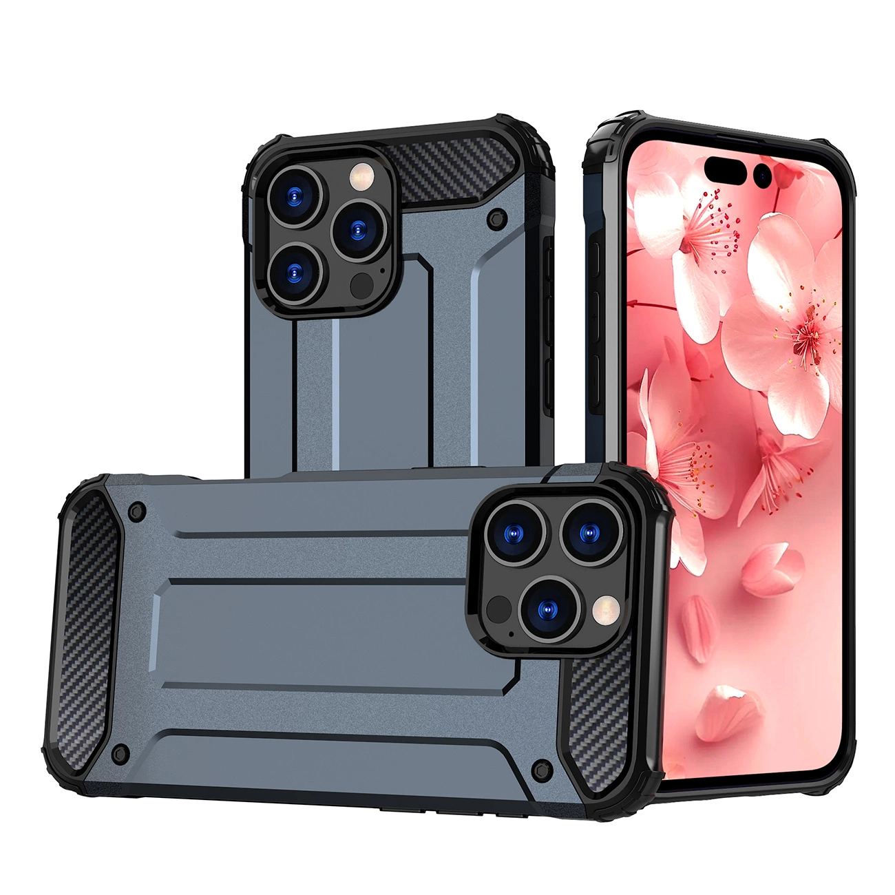 Tre viste di una custodia per smartphone blu robusta con dettagli in carbonio e sfondo floreale rosa.