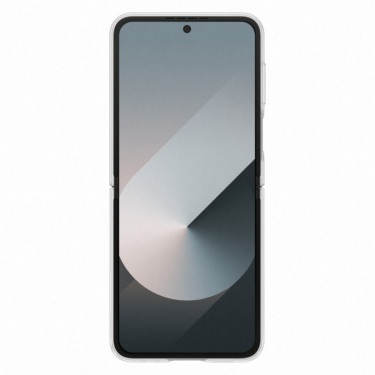 Uno smartphone pieghevole in una custodia trasparente visto frontalmente su sfondo bianco.