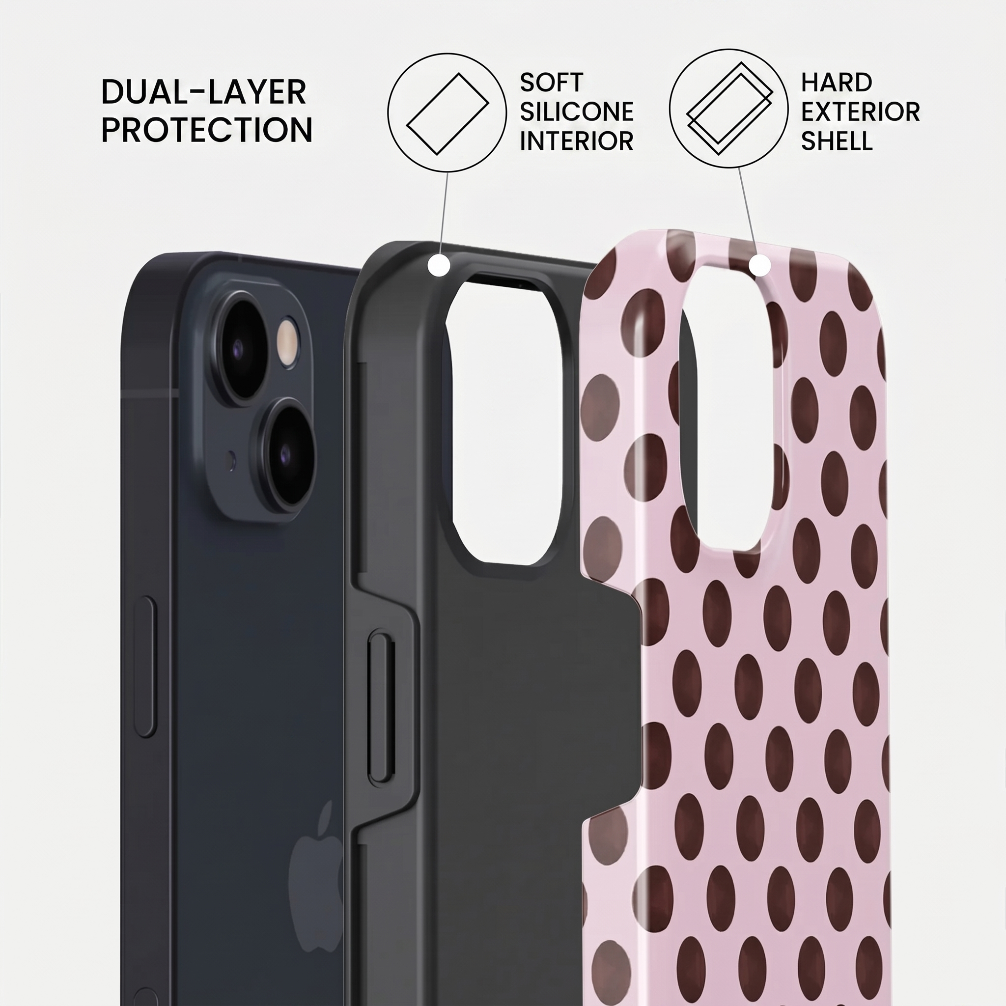 Diagram shows phone case with soft silicone interior and hard exterior shell for dual-layer protection.