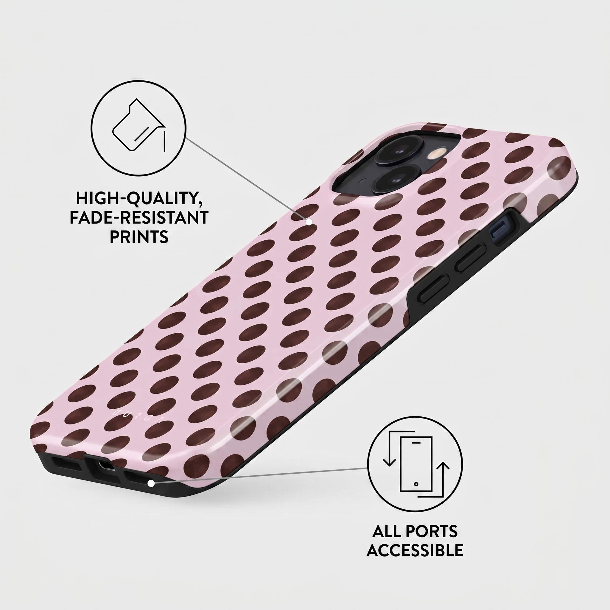 Pink phone case with brown polka dots, fade-resistant print, and accessible ports.