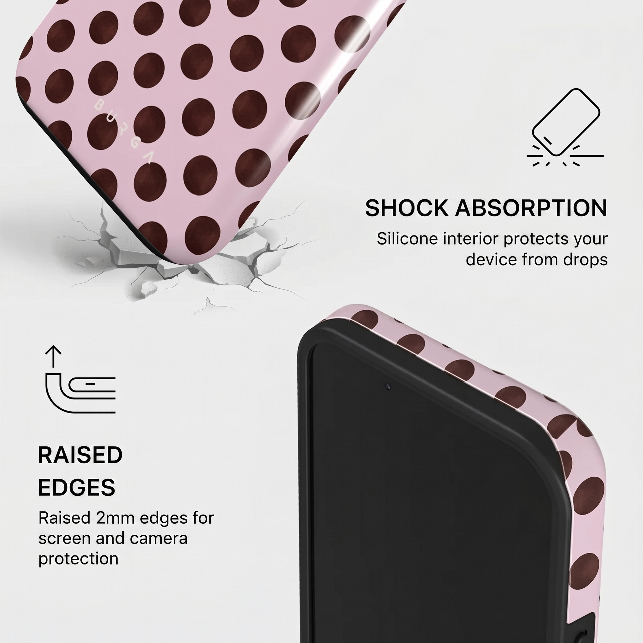 Pink phone case with brown polka dots, highlighting shock absorption and raised edges.