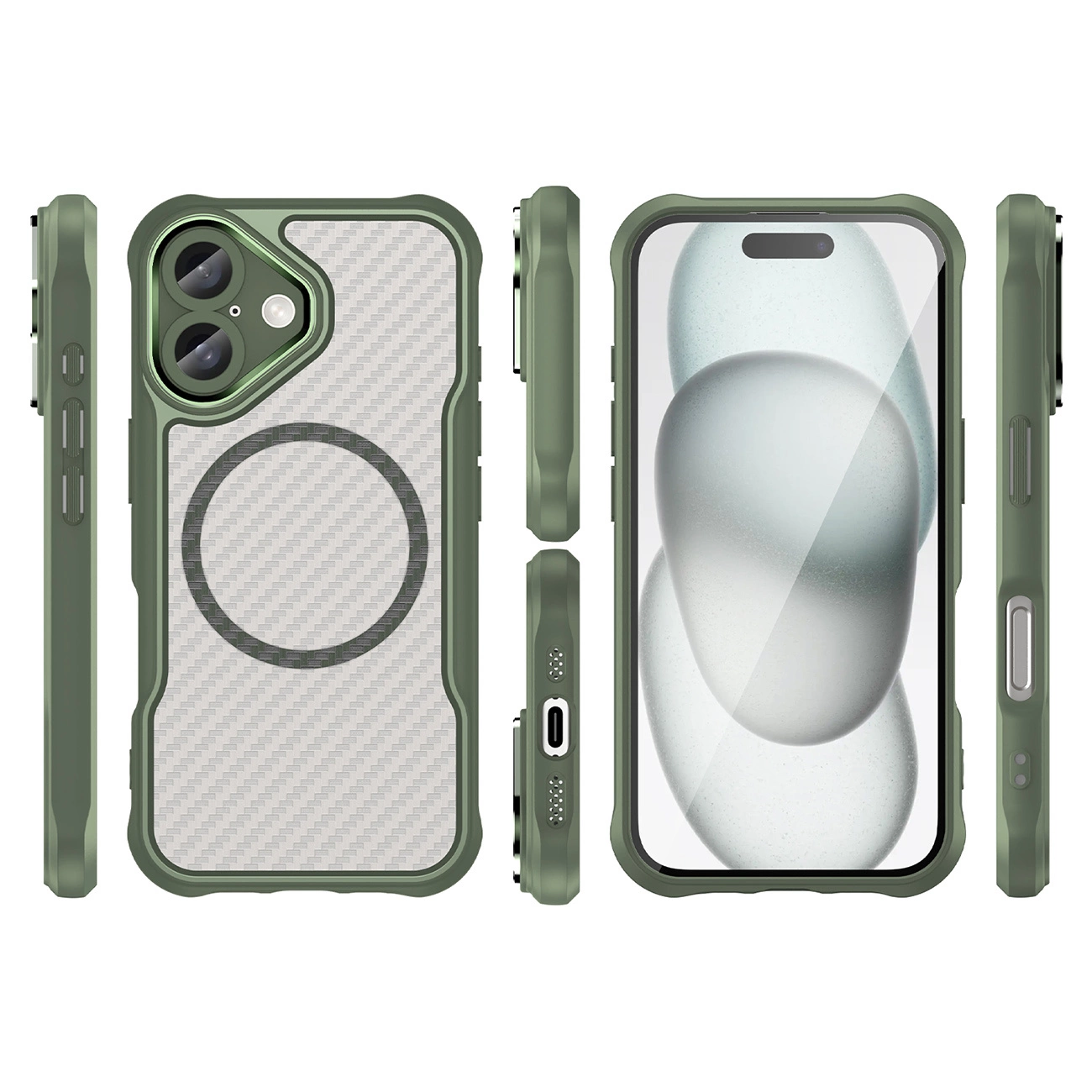 Custodia protettiva verde per smartphone mostrata da più angolazioni con anello MagSafe.