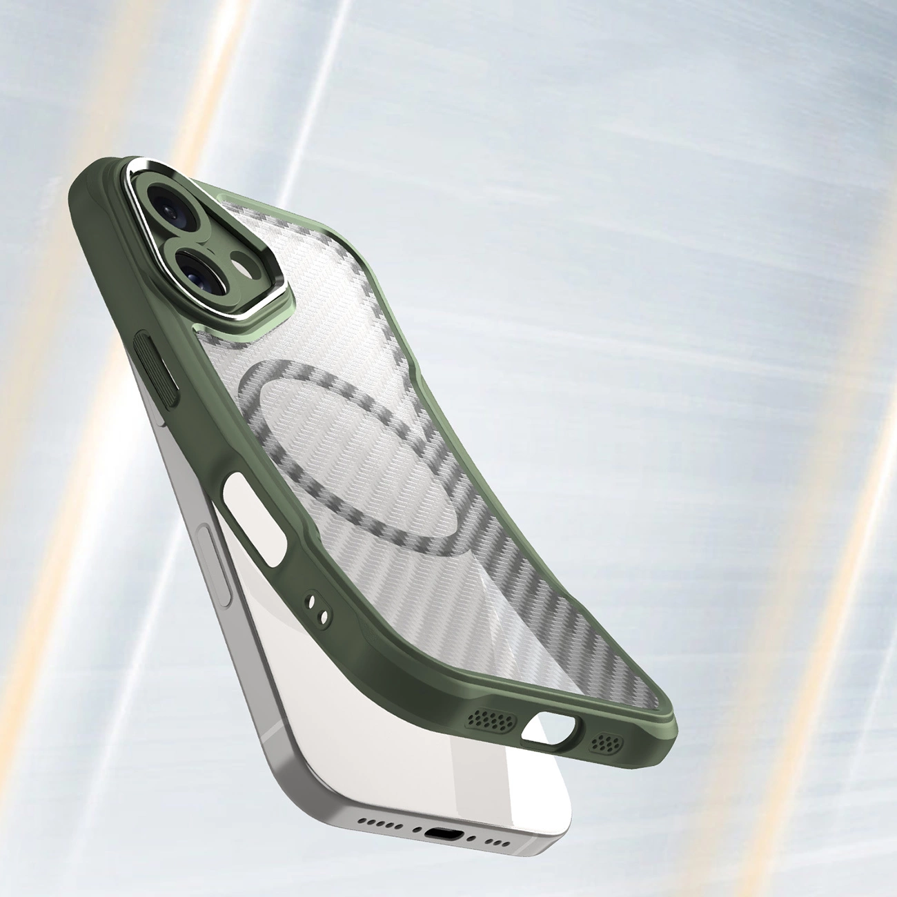 Uno smartphone in una custodia protettiva verde con retro testurizzato, su sfondo grigio chiaro.