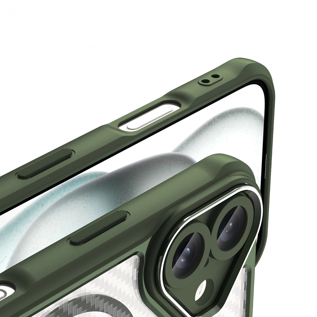 Custodia per telefono verde con retro trasparente e ritaglio per fotocamera.