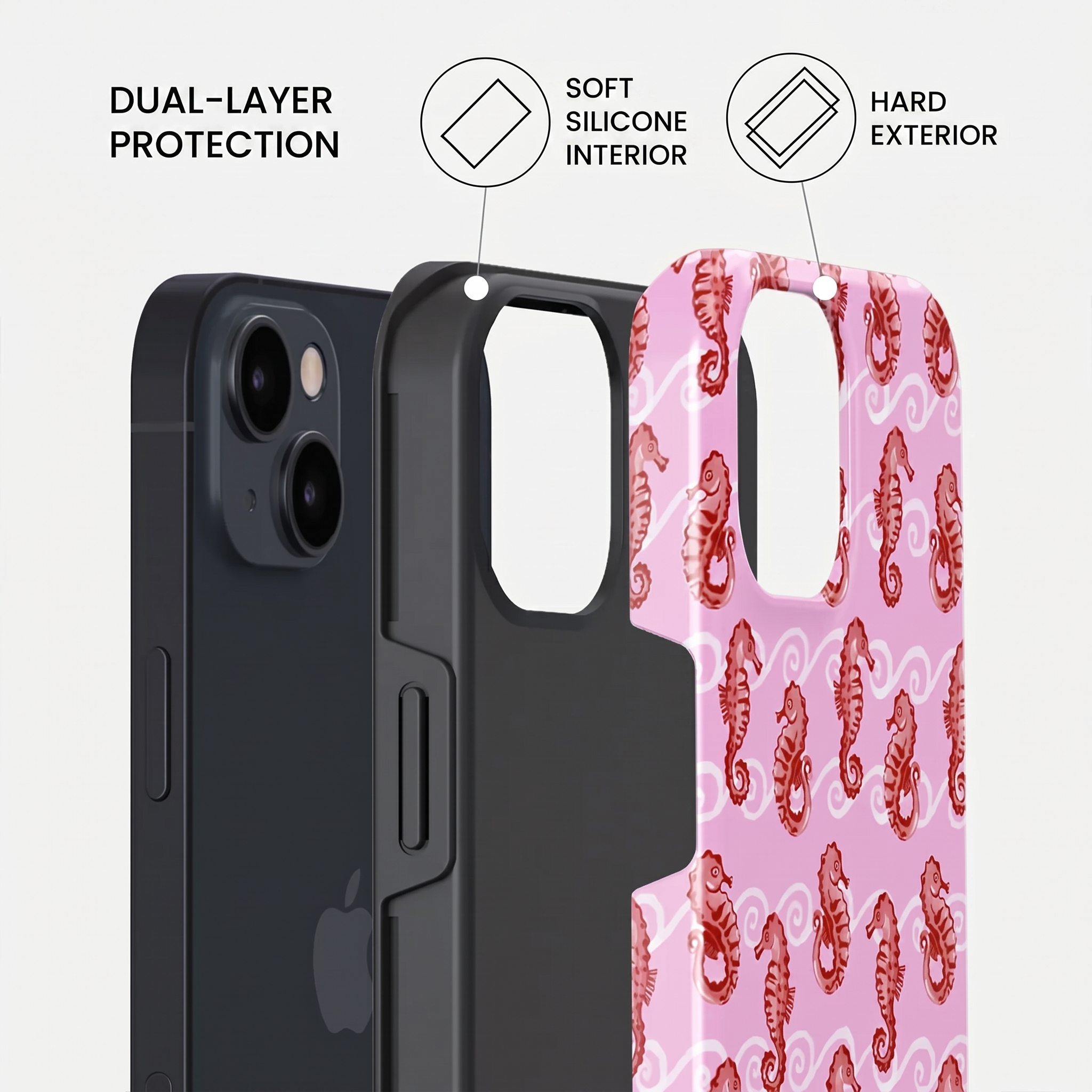 Diagram van een dubbellaags telefoonhoesje met zachte siliconen binnenkant en harde roze zeepaardjesbuitenkant.