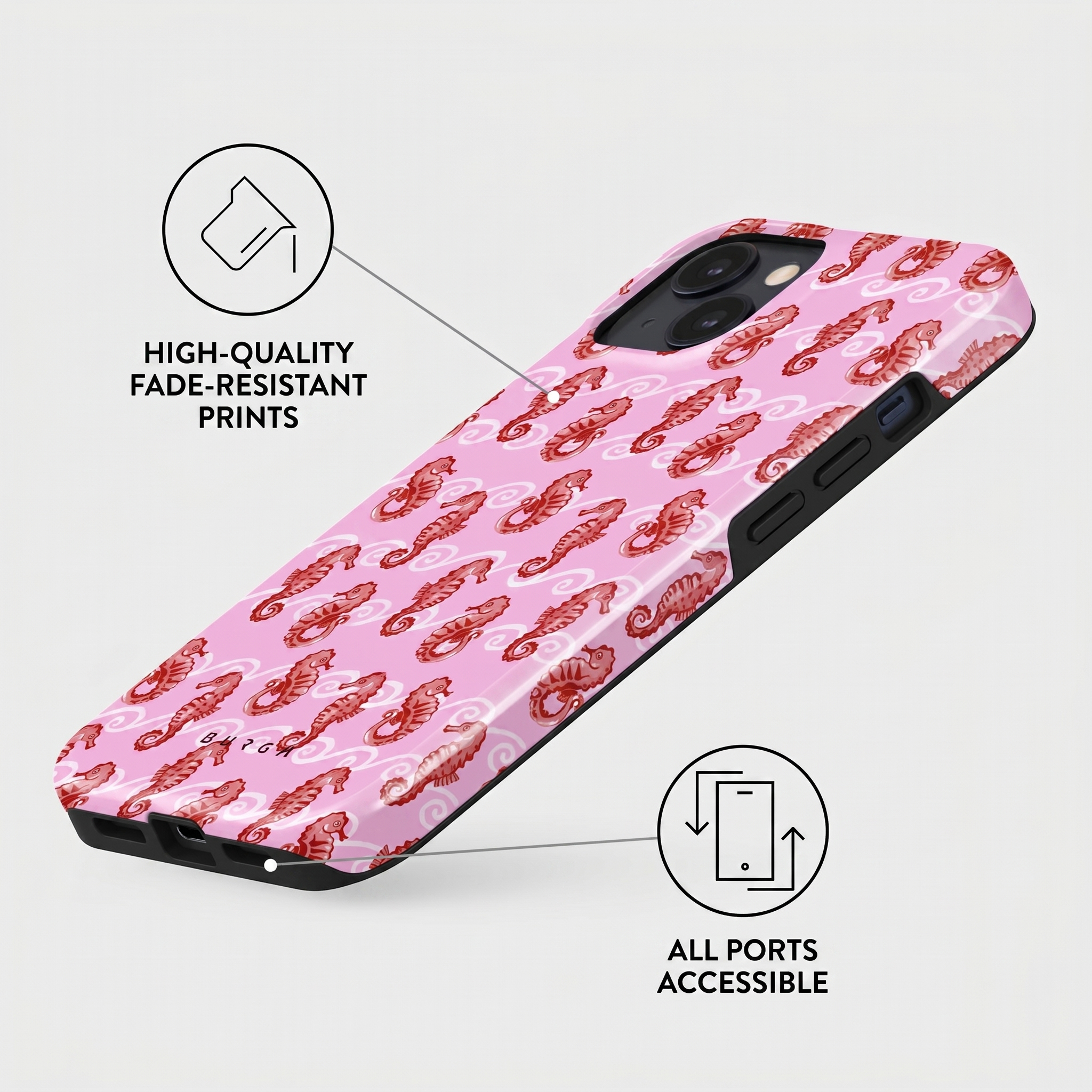 Roze telefoonhoesje met rode zeepaardjespatronen en toegankelijke poorten.