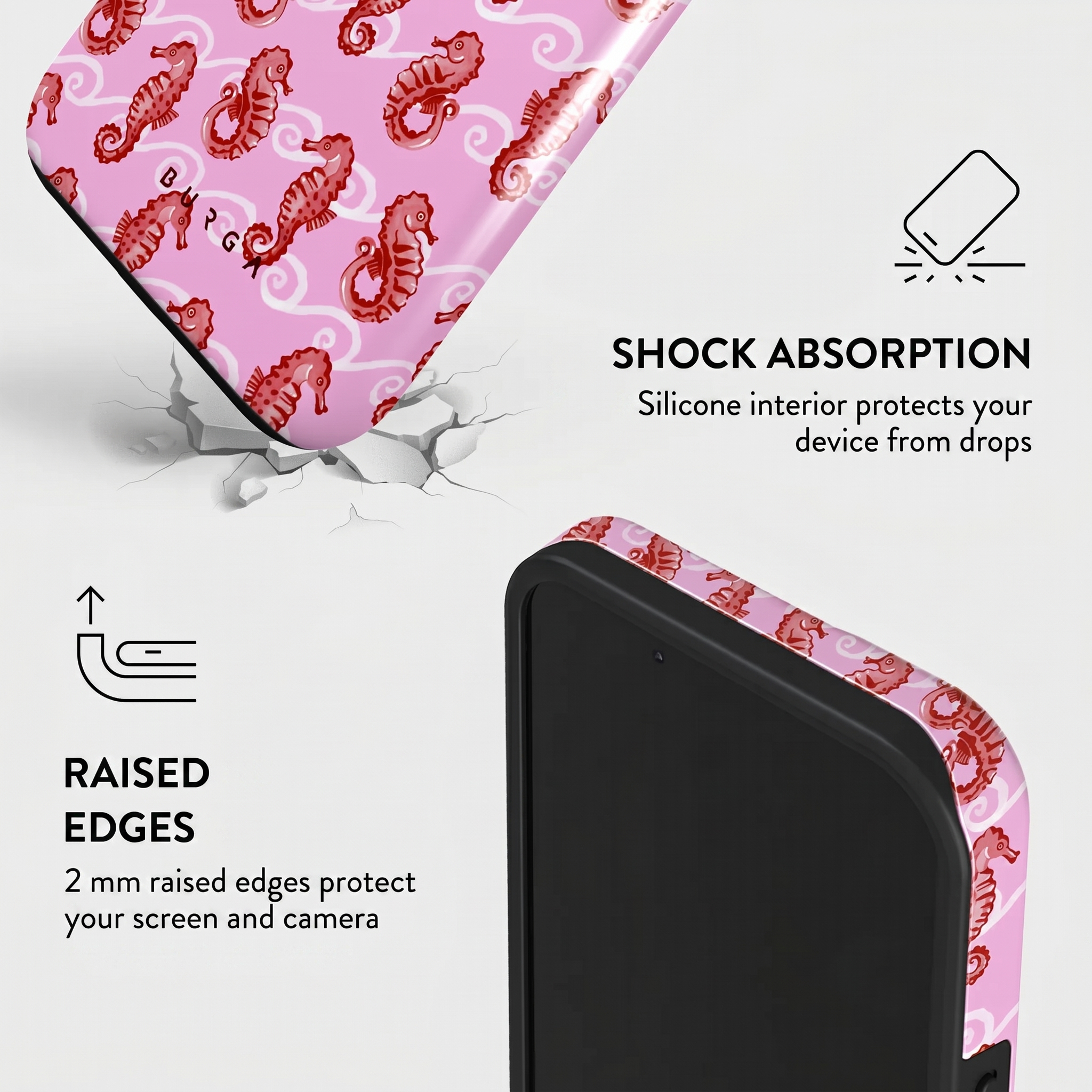 Roze telefoonhoesje met rode zeepaardjes, schokabsorptie en opstaande randen voor scherm- en camerabescherming.