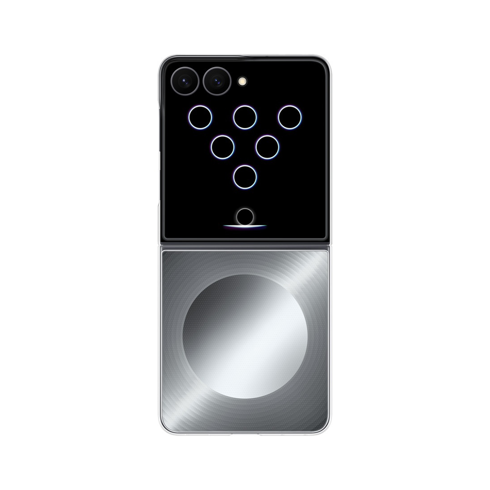 Parte trasera de un smartphone plegable con dos cámaras y una animación de bolos en la pantalla.