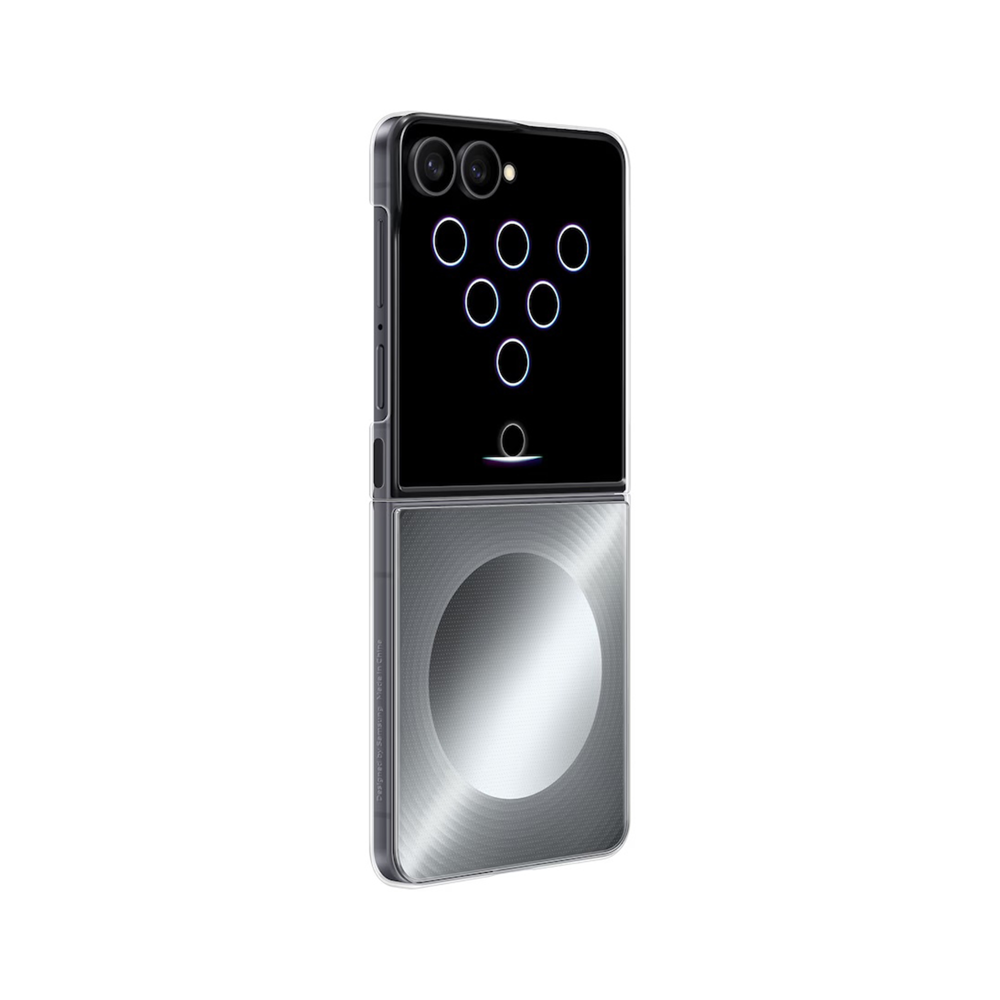 Un smartphone plegable con parte trasera bicolor y gráficos circulares brillantes como bolos.