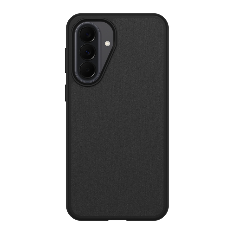 Una funda de smartphone negro mate con una cámara triple vertical y flash en la parte trasera.