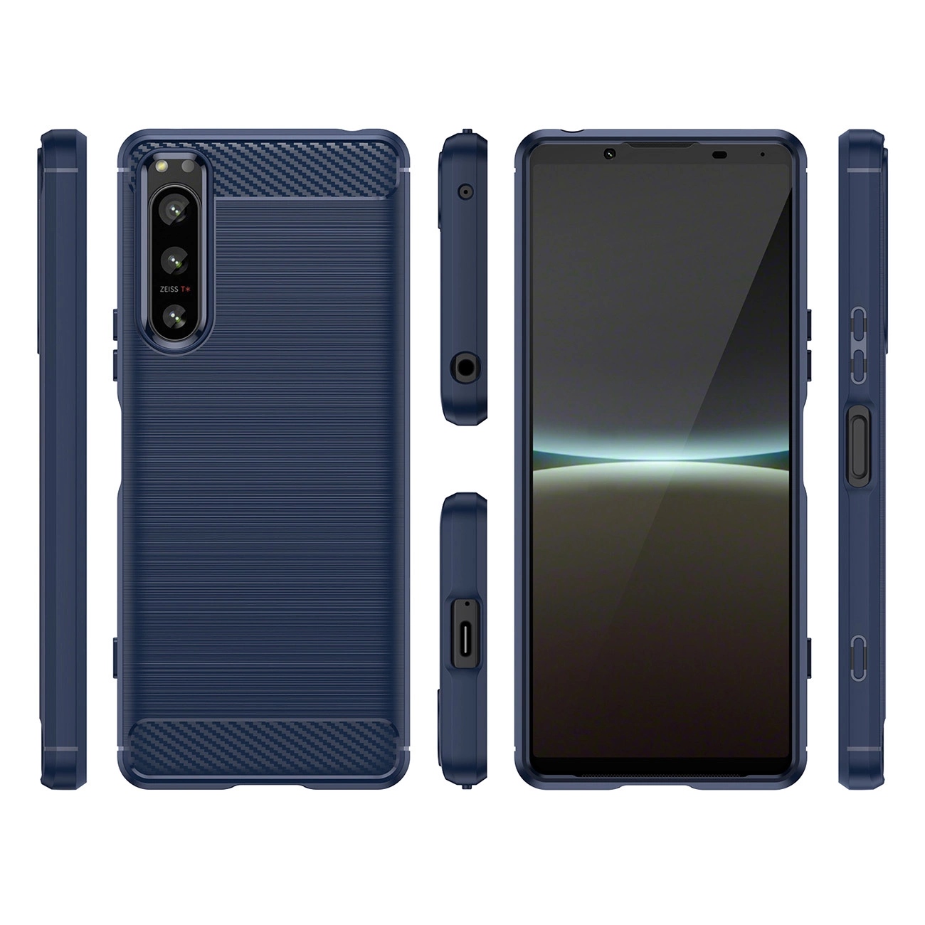 Angoli multipli di una custodia protettiva blu per smartphone su sfondo bianco.