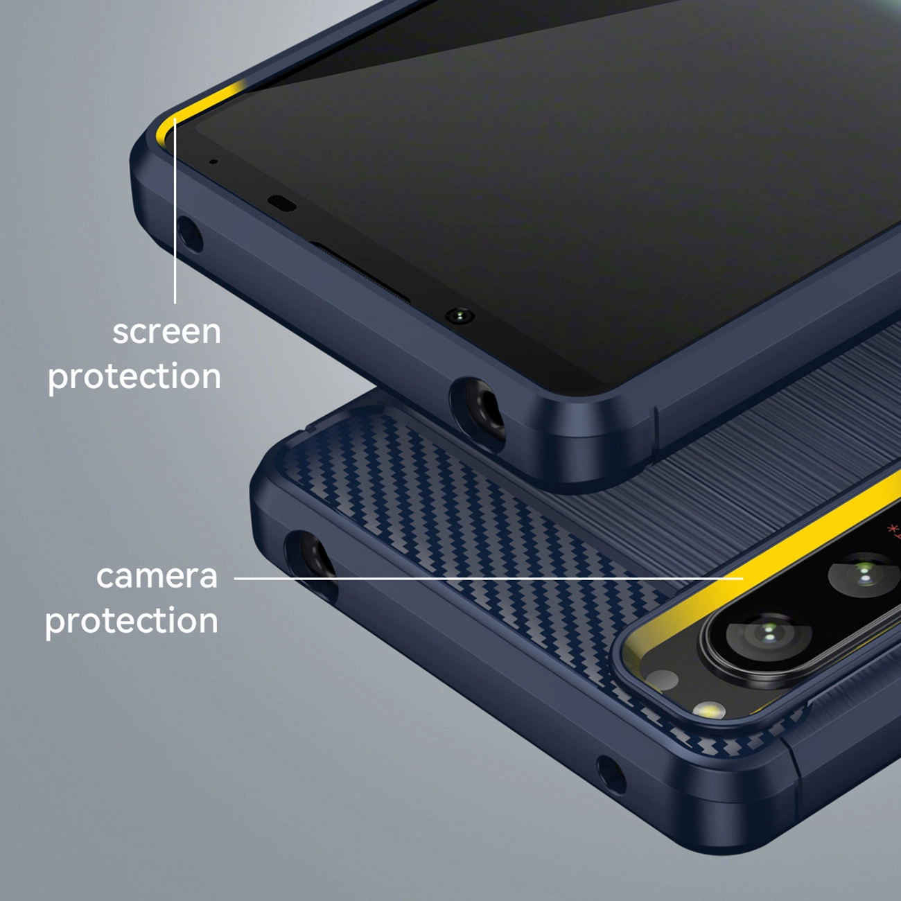 Primo piano di una custodia per telefono blu che mostra protezione per schermo e fotocamera con dettagli gialli.